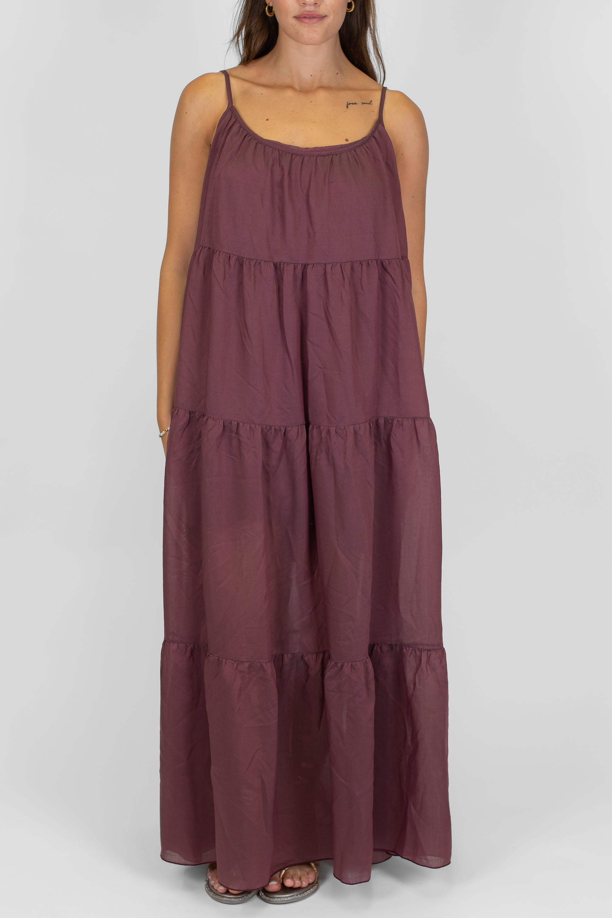 Motel - Abito lungo in lyocell con bretelline, balze e scollo sul retro