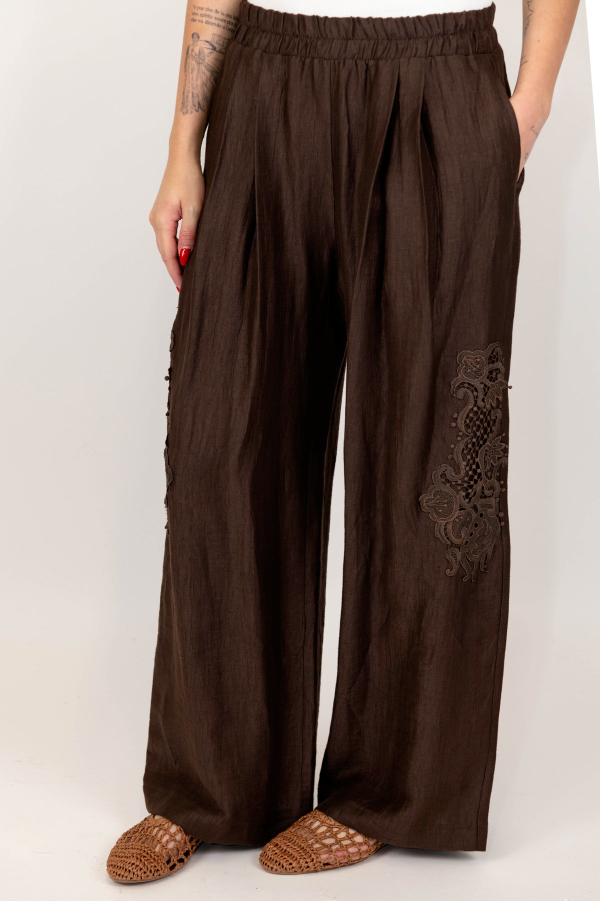 Maryley - Pantalone palazzo in lino con ricami ed elastico in vita