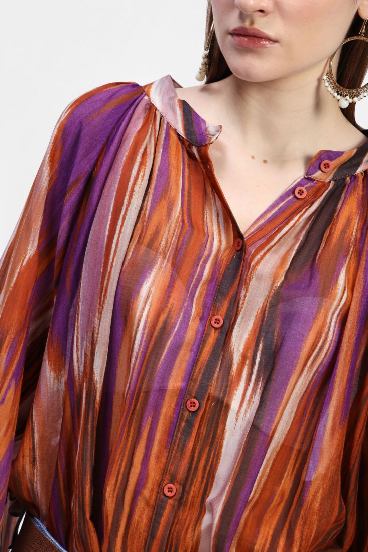 Dixie - Camicia collo coreano multicolor in misto seta