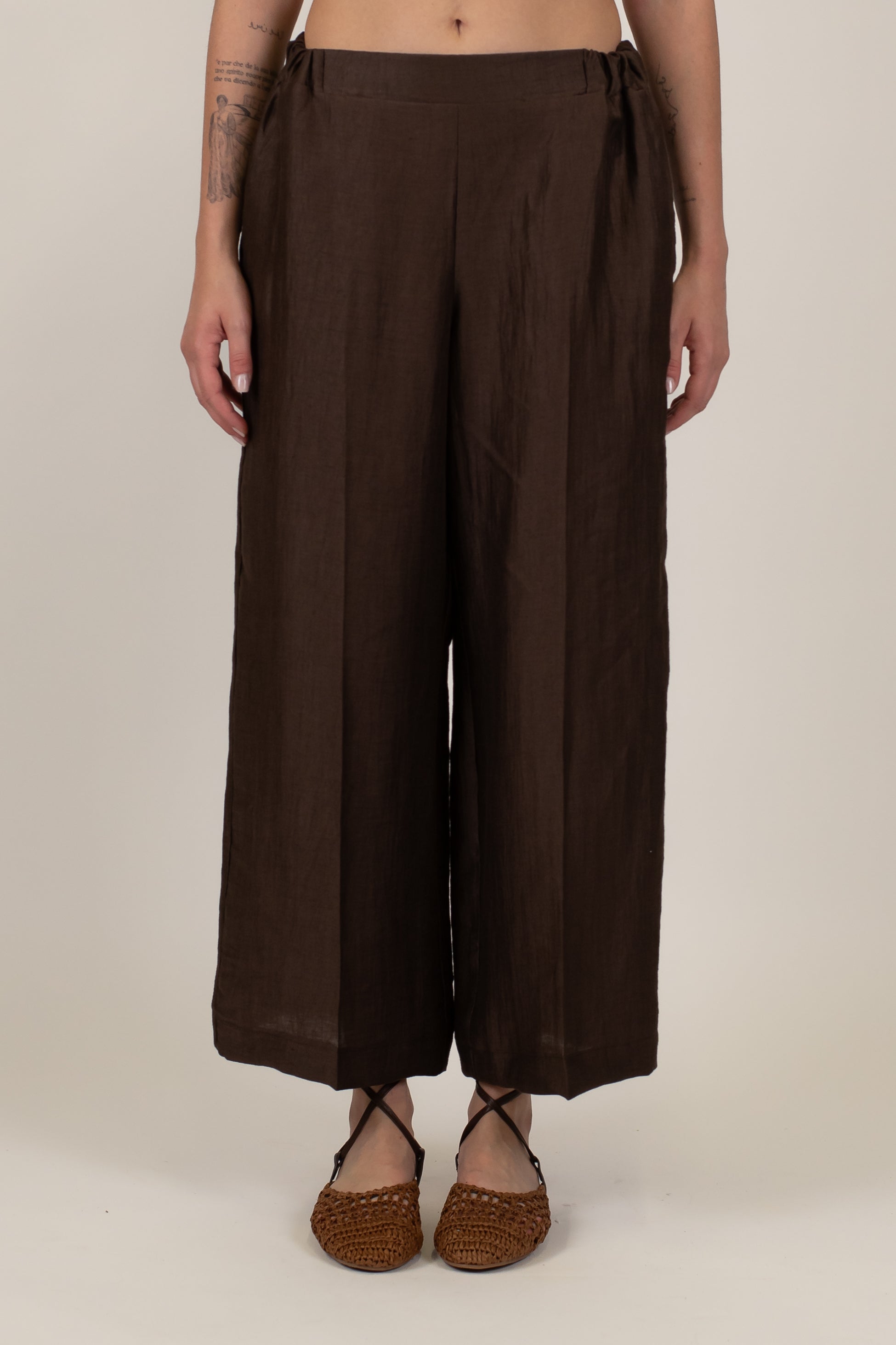 Maryley - Pantalone regular in lino con ricami ed elastico in vita