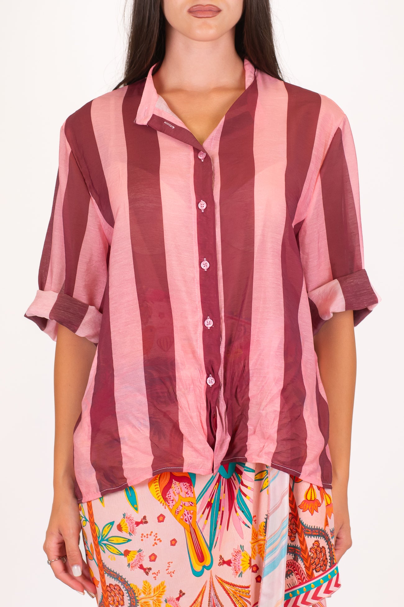 Dixie - Camicia fantasia a righe in viscosa leggera con collo coreano e manica
