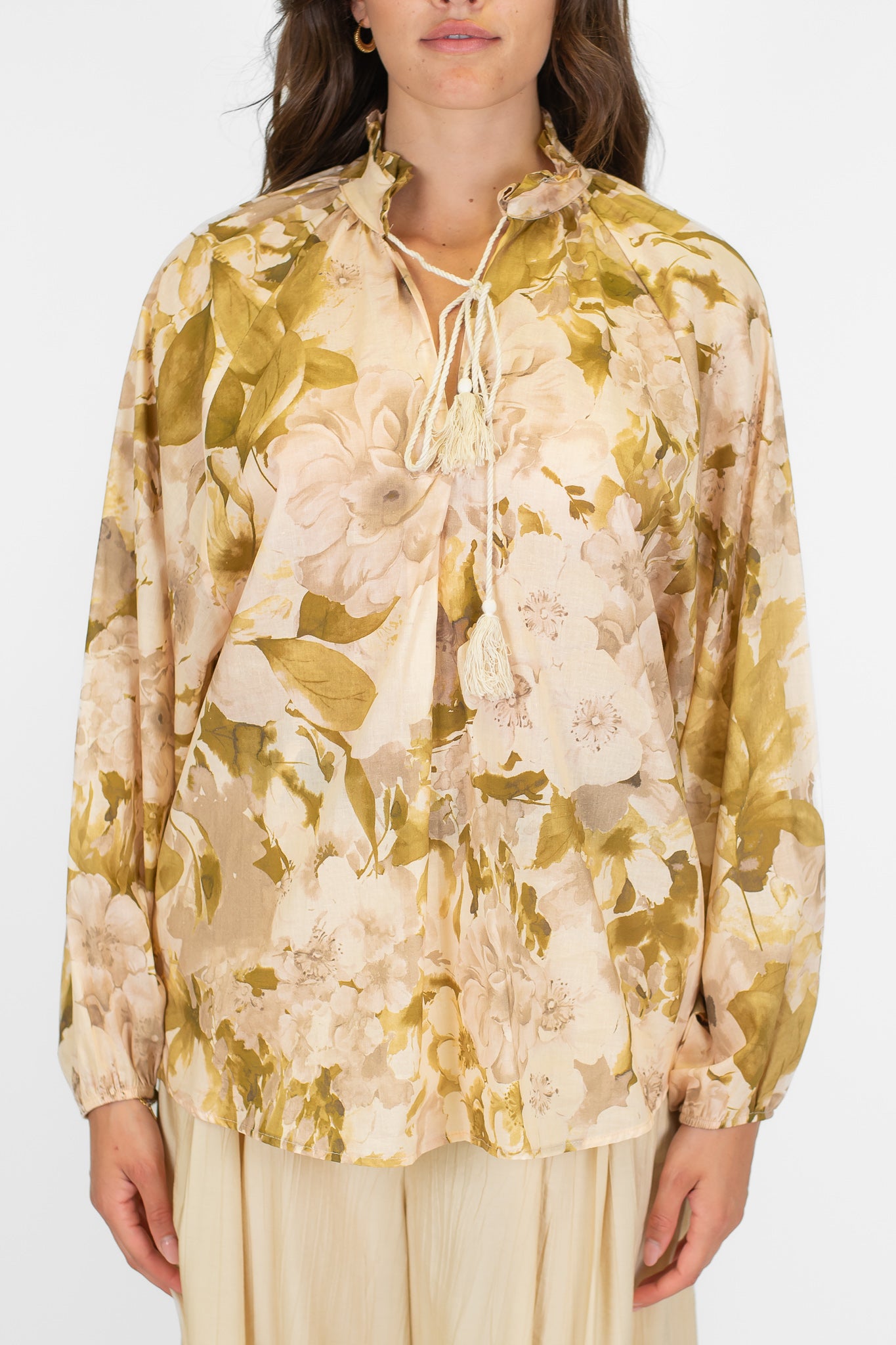 Dixie - Blusa fantasia floreale in mussola di cotone con scollo a V e laccio