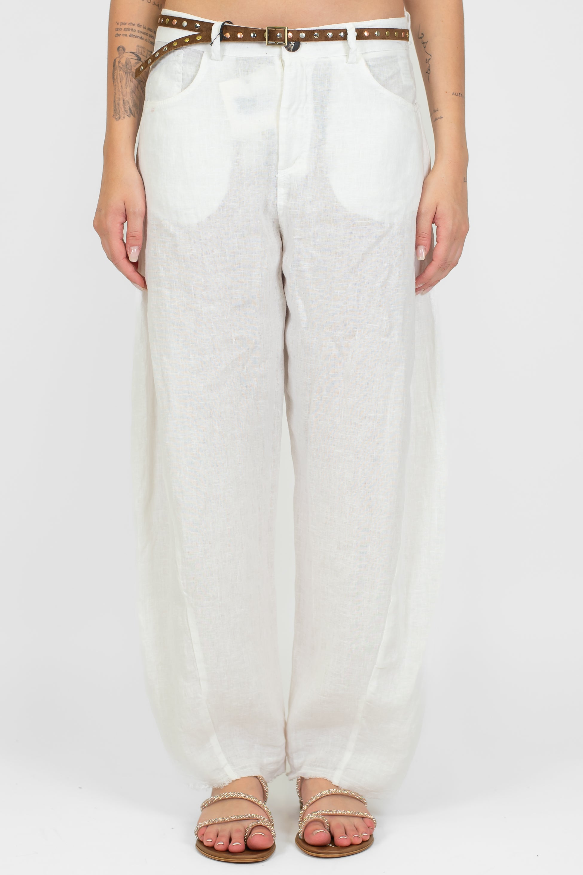 Tensione in - Pantalone balloon 100% lino sfrangiato sotto