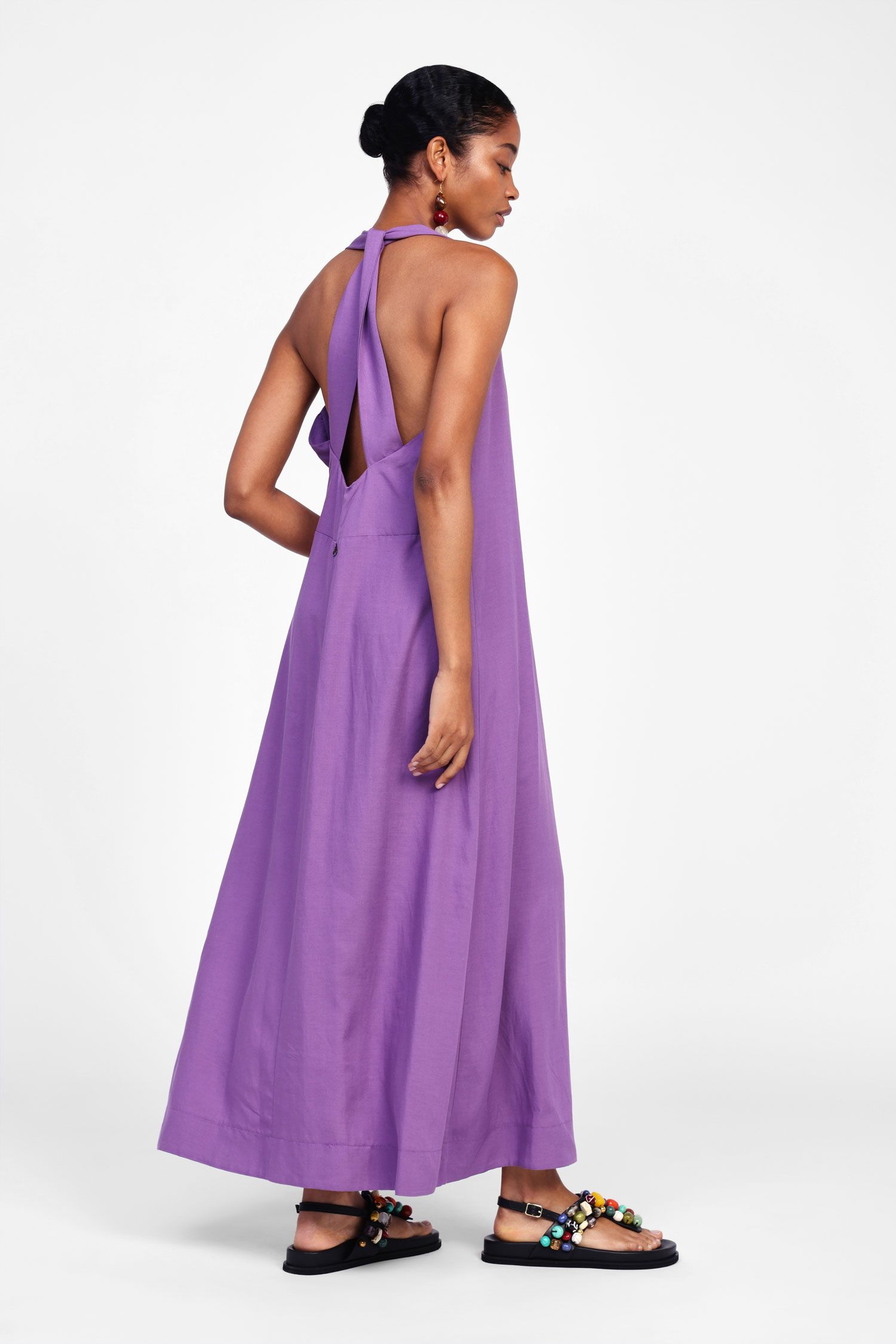 Dixie - Abito lungo giromaniche scollo a V in misto viscosa e lino con scollo sul retro intrecciato