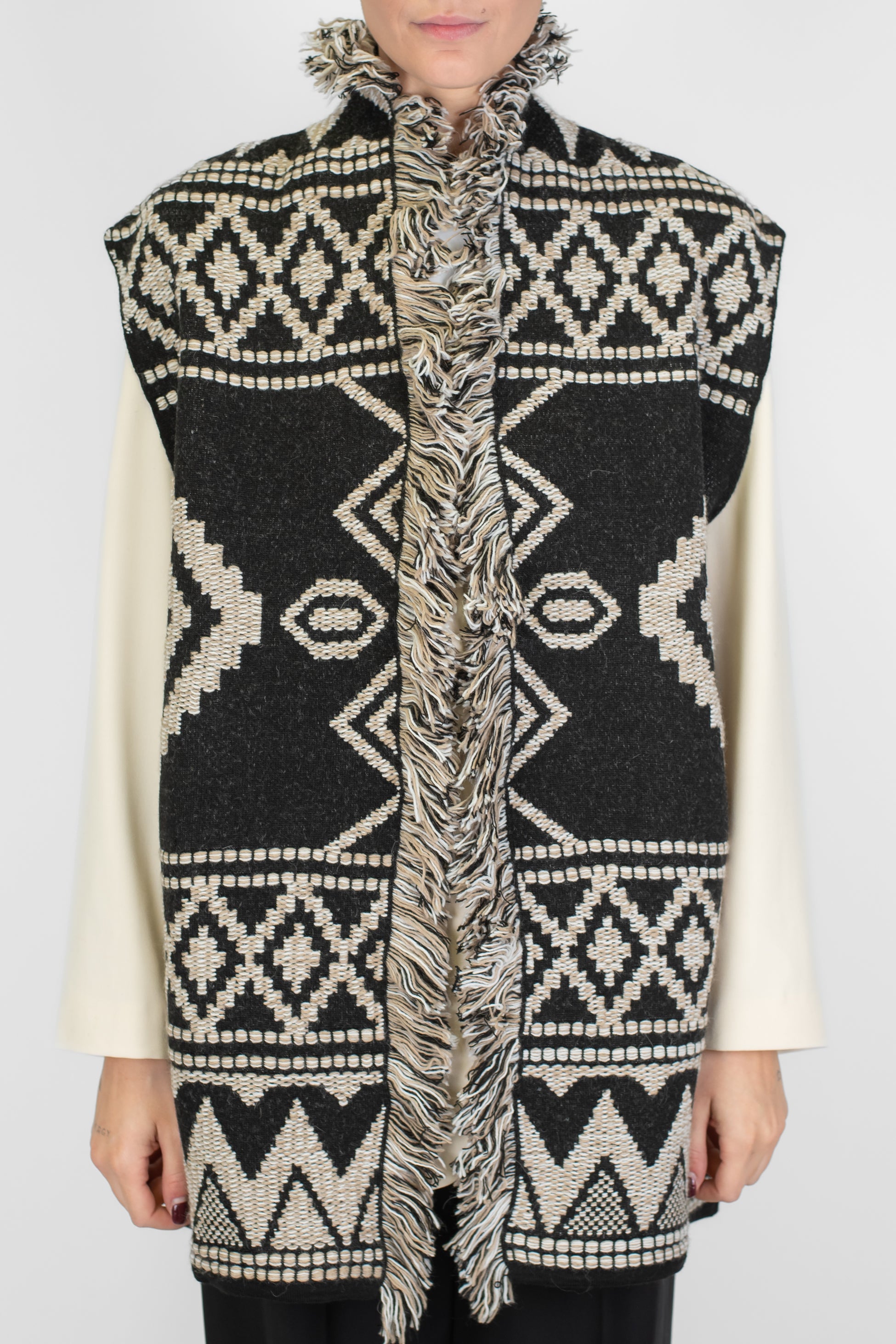 Motel - Gilet lungo aperto fantasia etnica in misto lana con frange