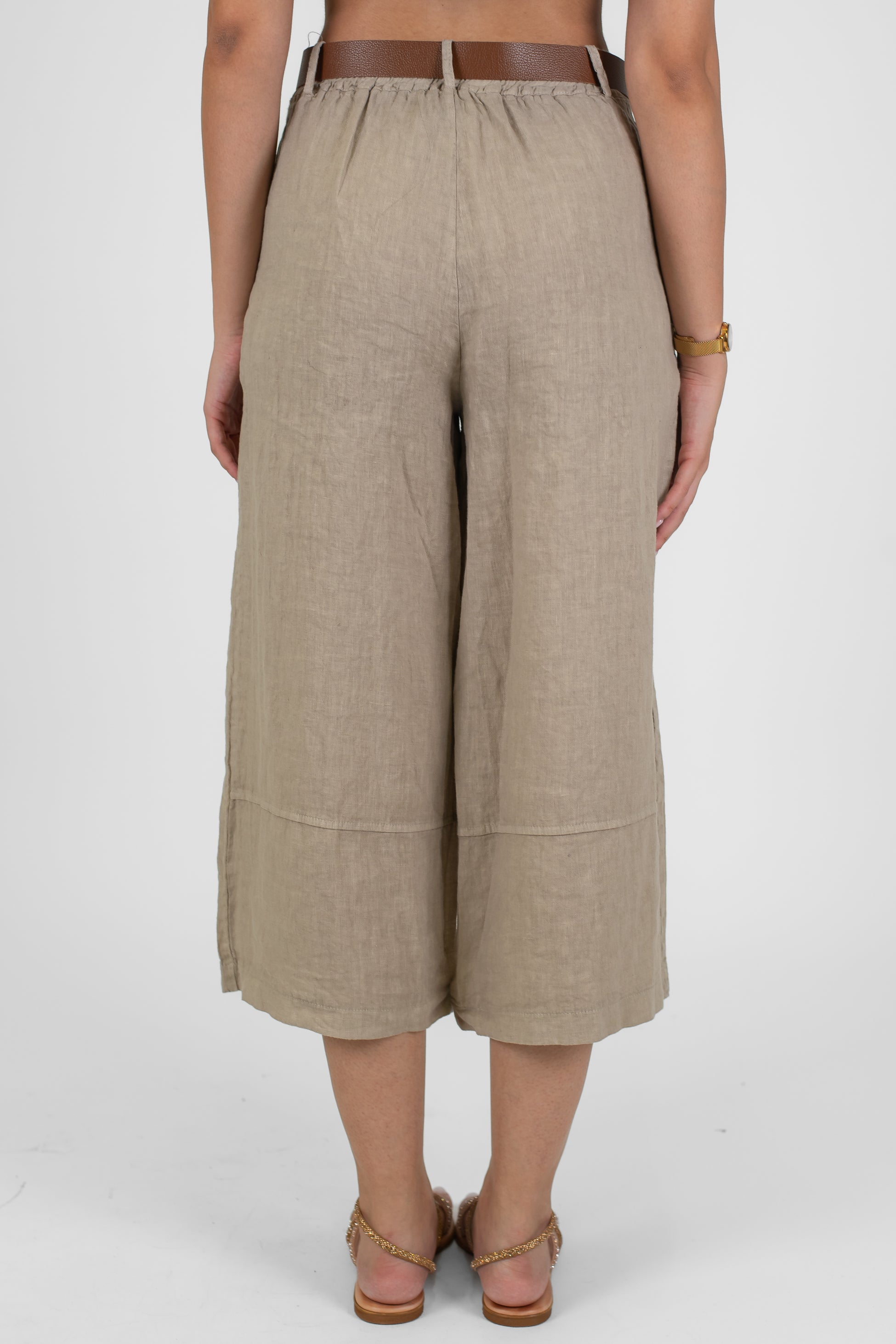 Haveone - Pantalone crop a gamba ampia in puro lino con elastico sul retro