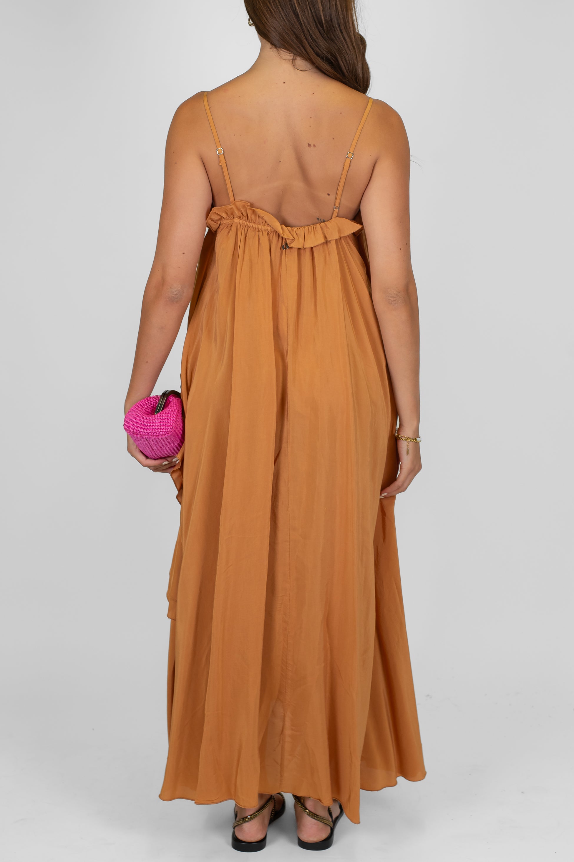 Dixie - Abito lungo con bretelline in viscosa leggera con rouches laterali