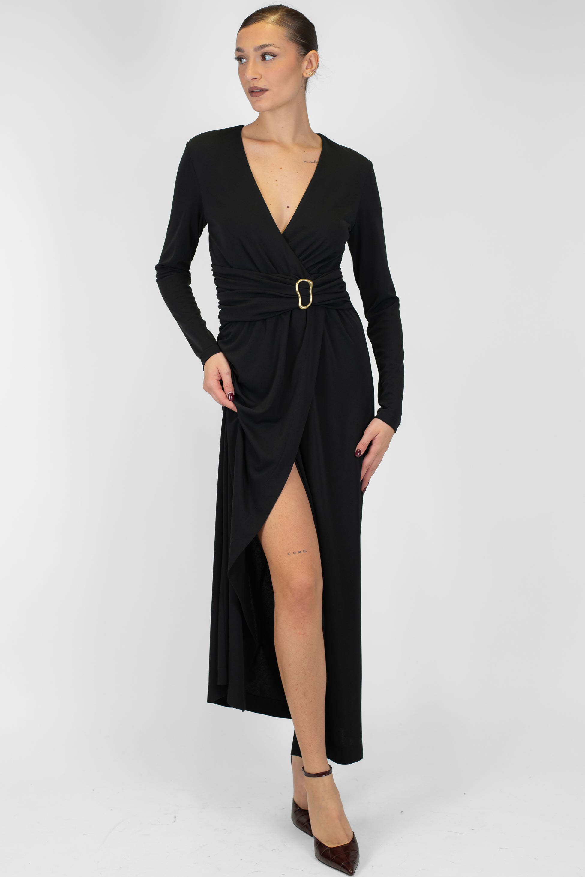 Imperial - Abito lungo a portafoglio con fusciacca e maniche lunghe