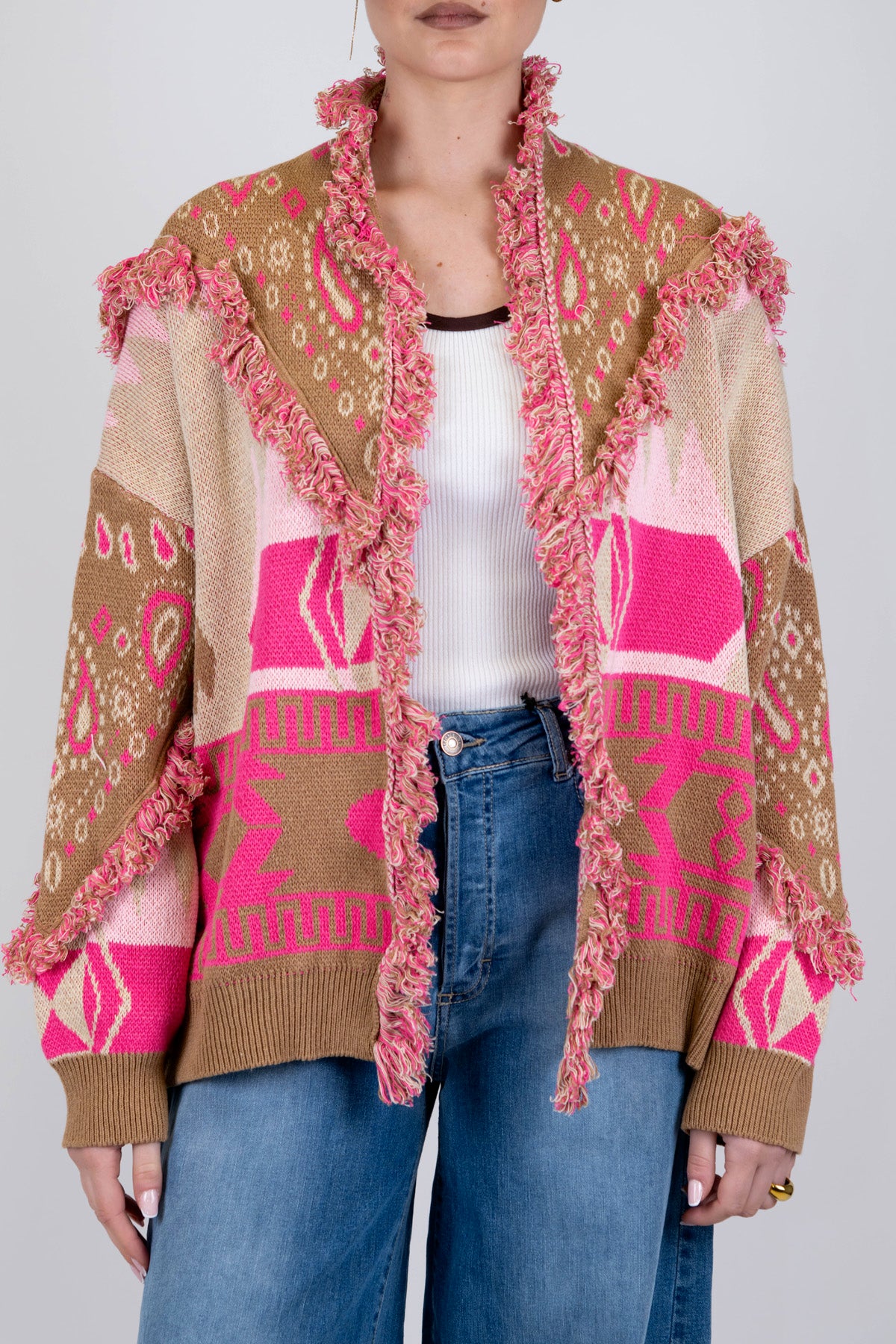 Tensione in - Cardigan fantasia astratta profilo con frange