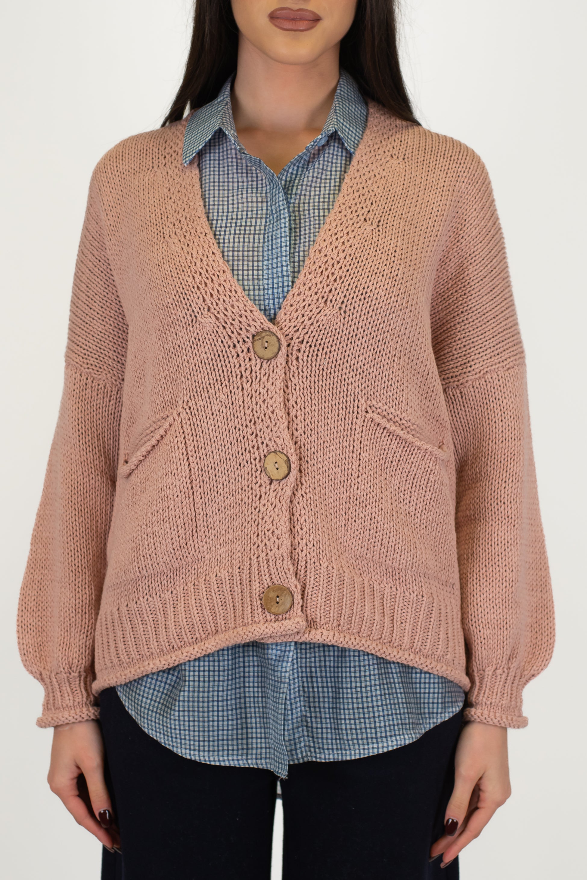 Haveone - Cardigan tre bottoni in filato leggero con taschini laterali