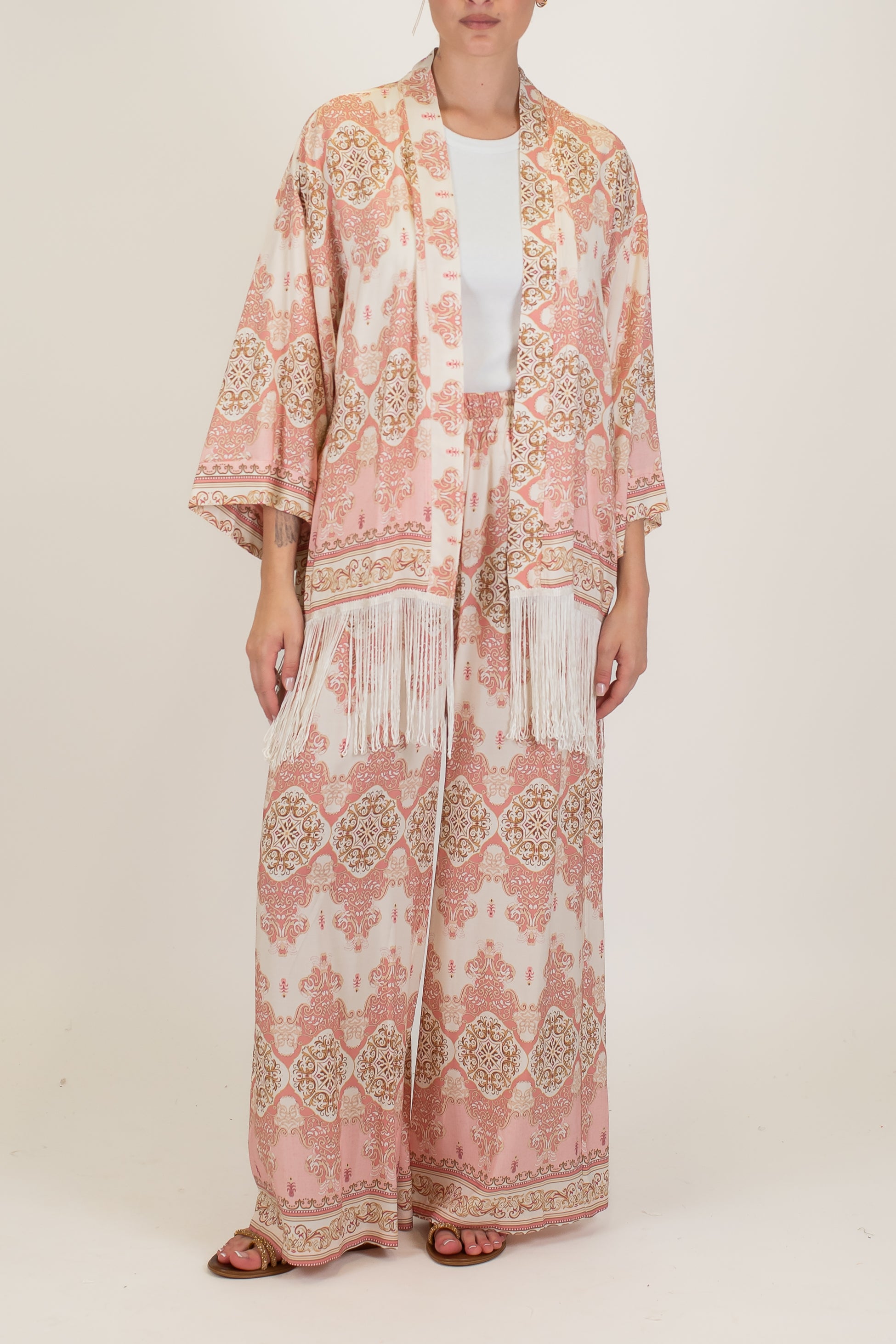 Haveone - Pantalone palazzo fantasia astratta in viscosa con elastico in vita