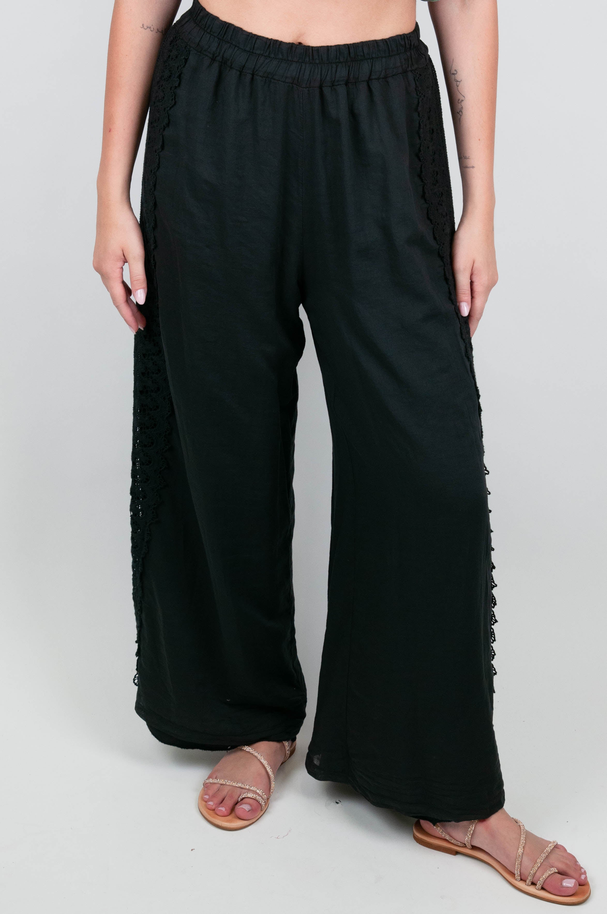 Haveone - Pantalone palazzo in mussola di cotone con banda laterale in pizzo ed elastico in vita