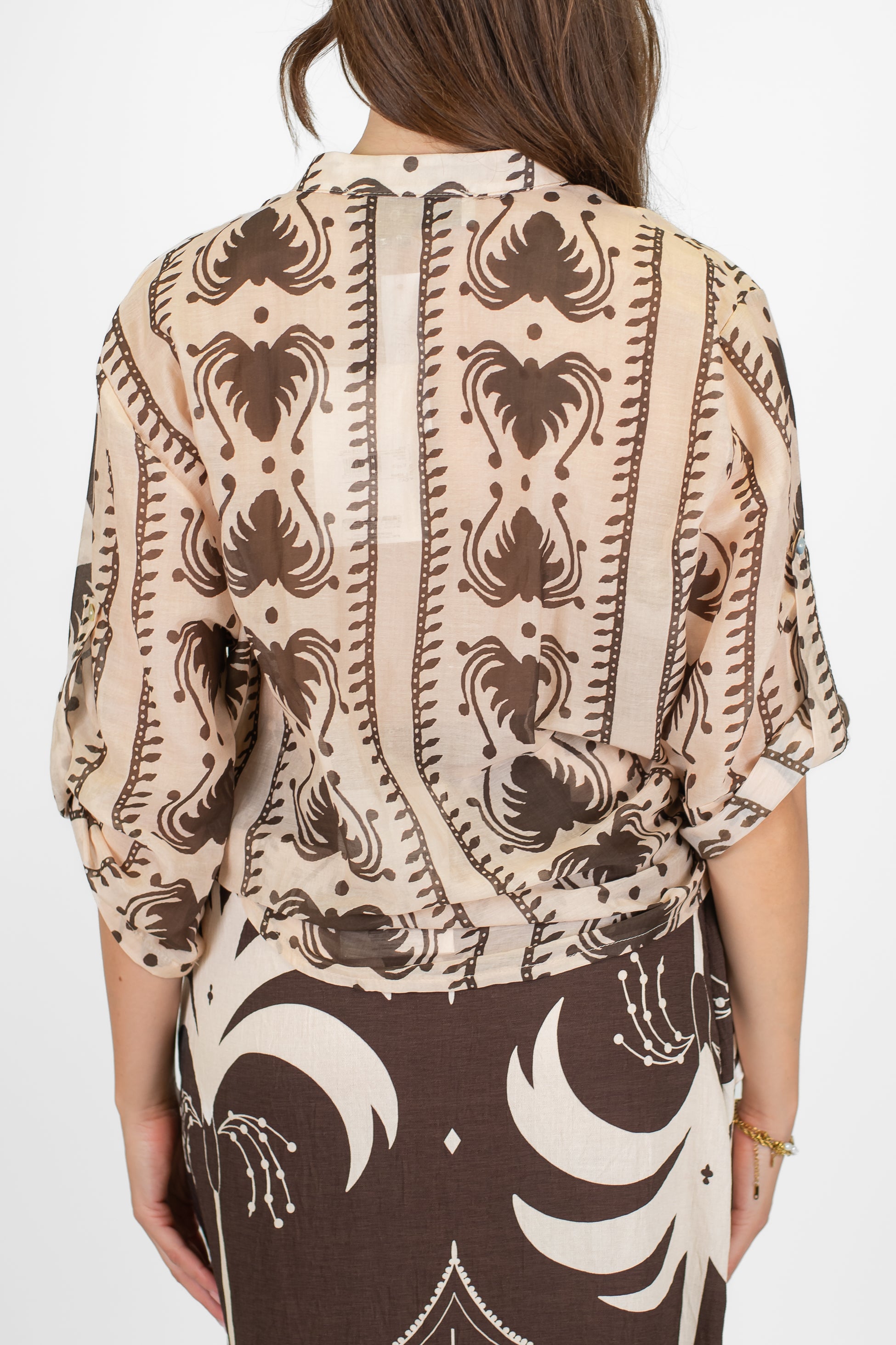 Haveone - Camicia in misto seta fantasia etnica con collo coreano