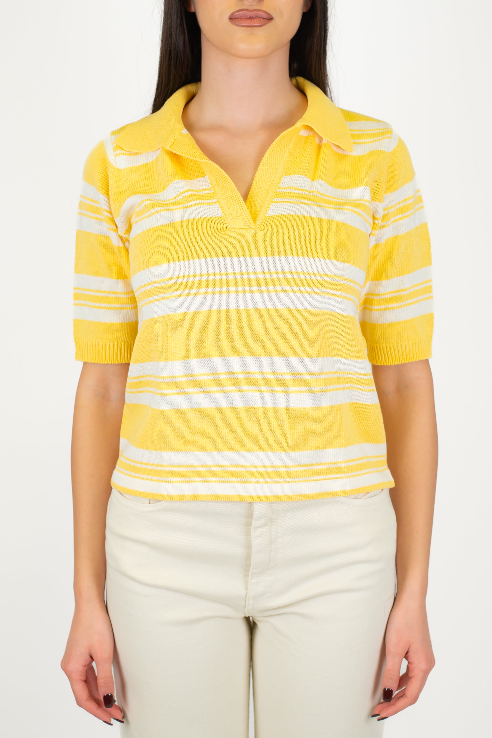 Maryley - Polo in maglia fantasia a righe con scollo a V