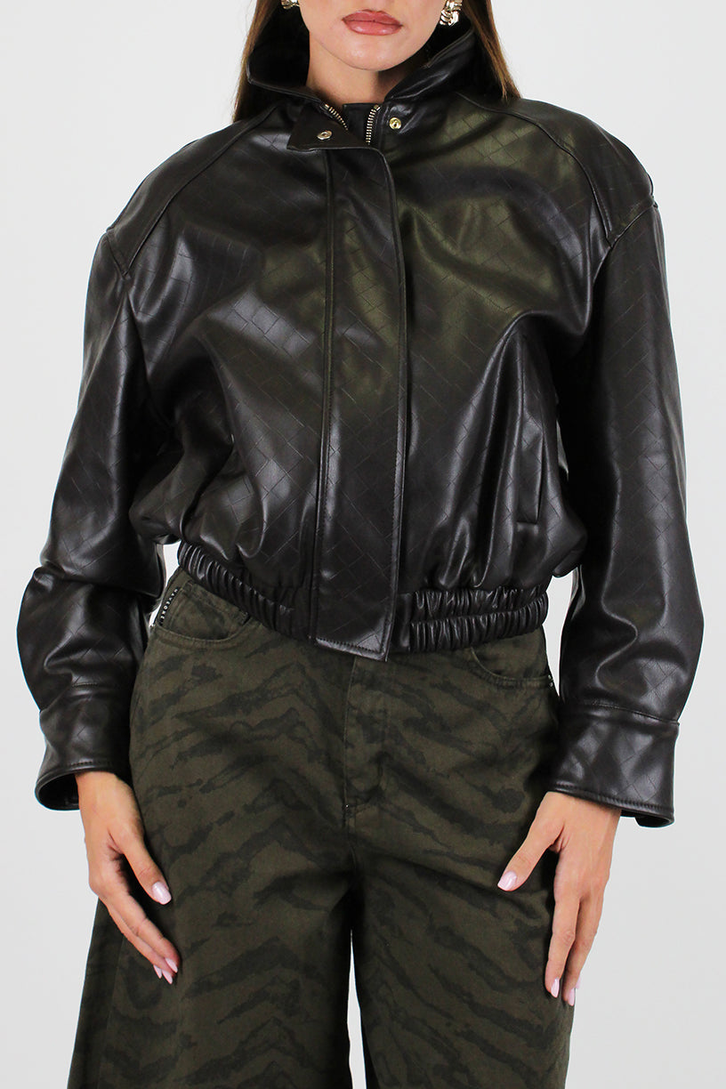 Motel - Bomber crop in ecopelle fantasia intrecciata con chiusura a zip a scomparsa