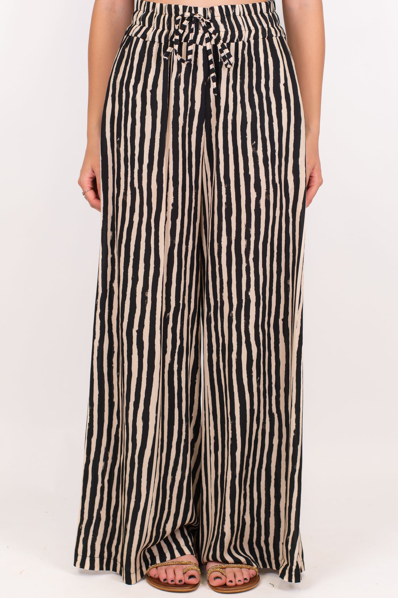 Haveone - Pantalone palazzo fantasia a righe in viscosa leggera con coulisse