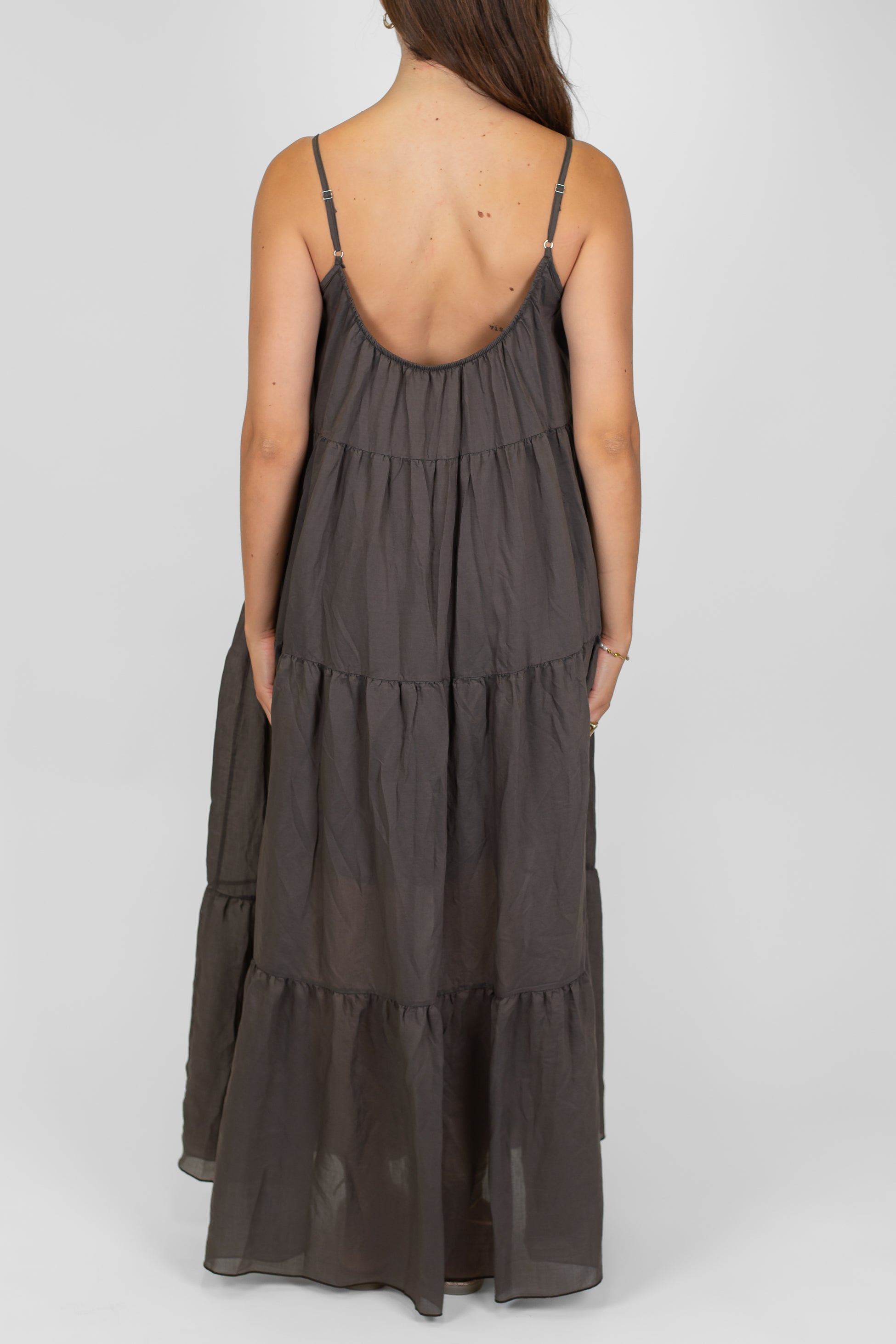 Motel - Abito lungo in lyocell con bretelline, balze e scollo sul retro