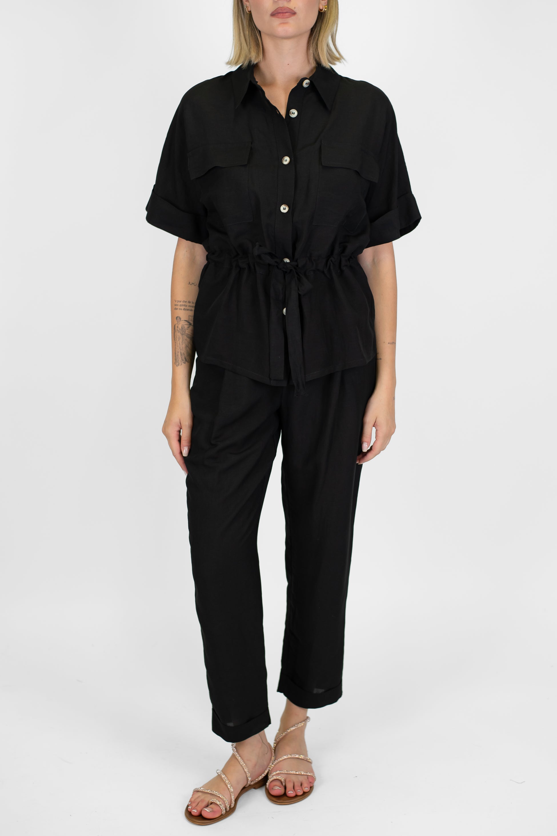 Motel - Coordinato camicia e pantalone in misto lino con elastico con in vita