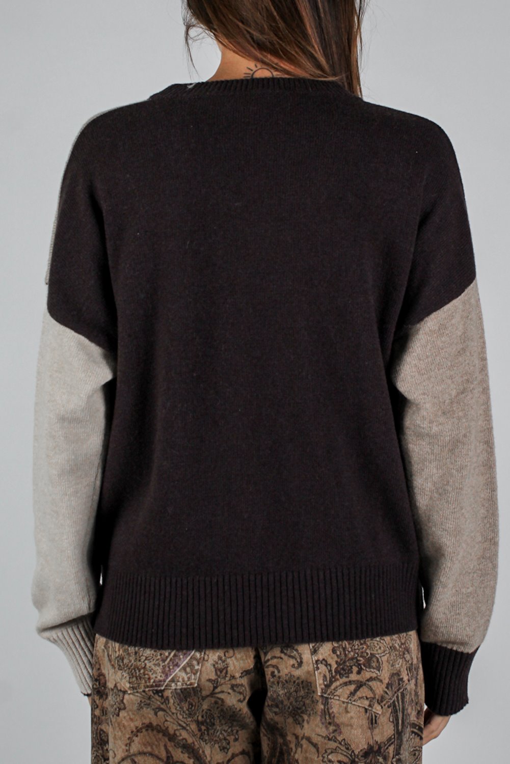 Maryley - Maglia girocollo fantasia rombi laterali a contrasto in misto lana e cashmere
