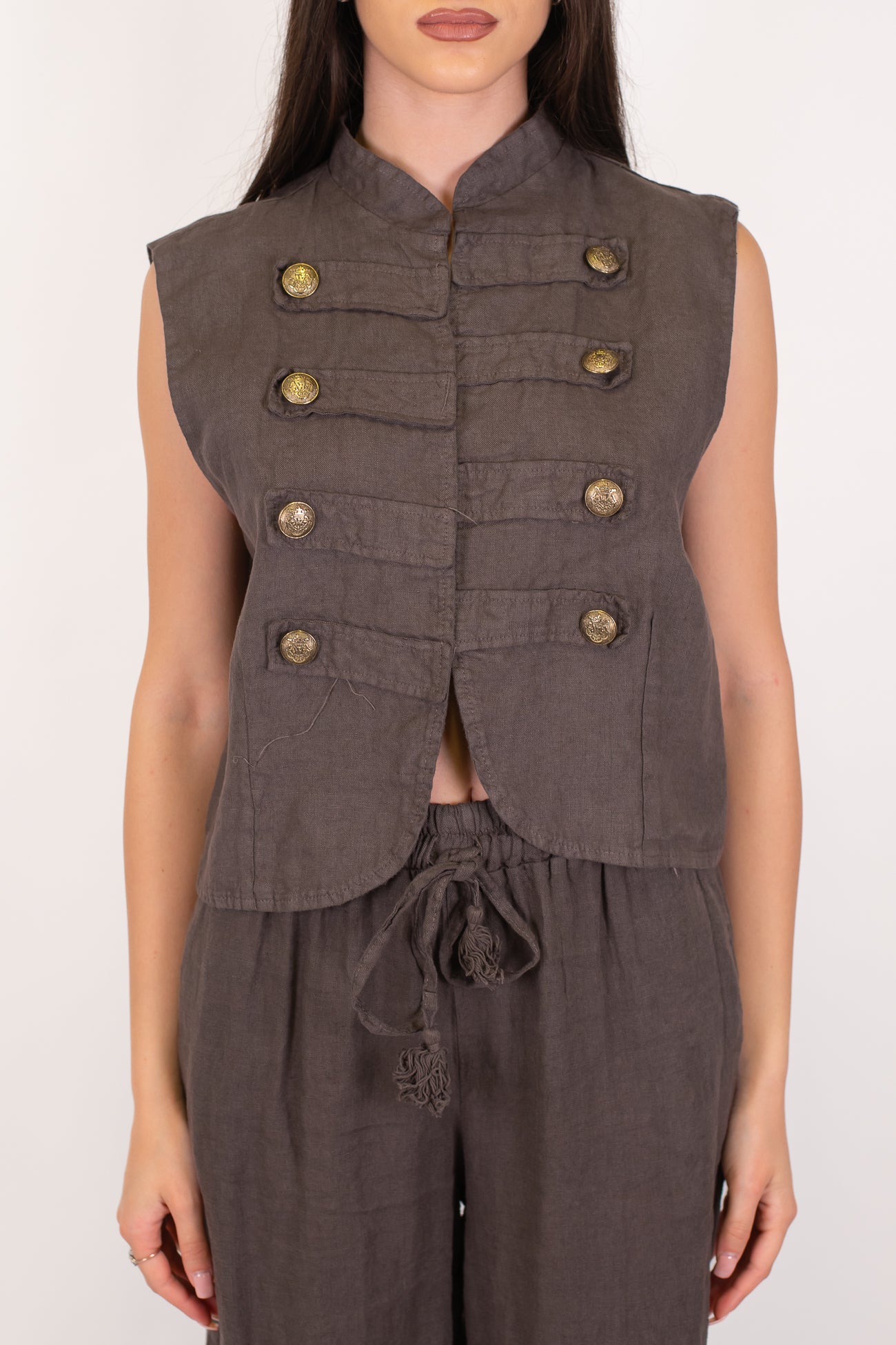 Motel - Gilet modello napoleone in puro lino con collo coreano