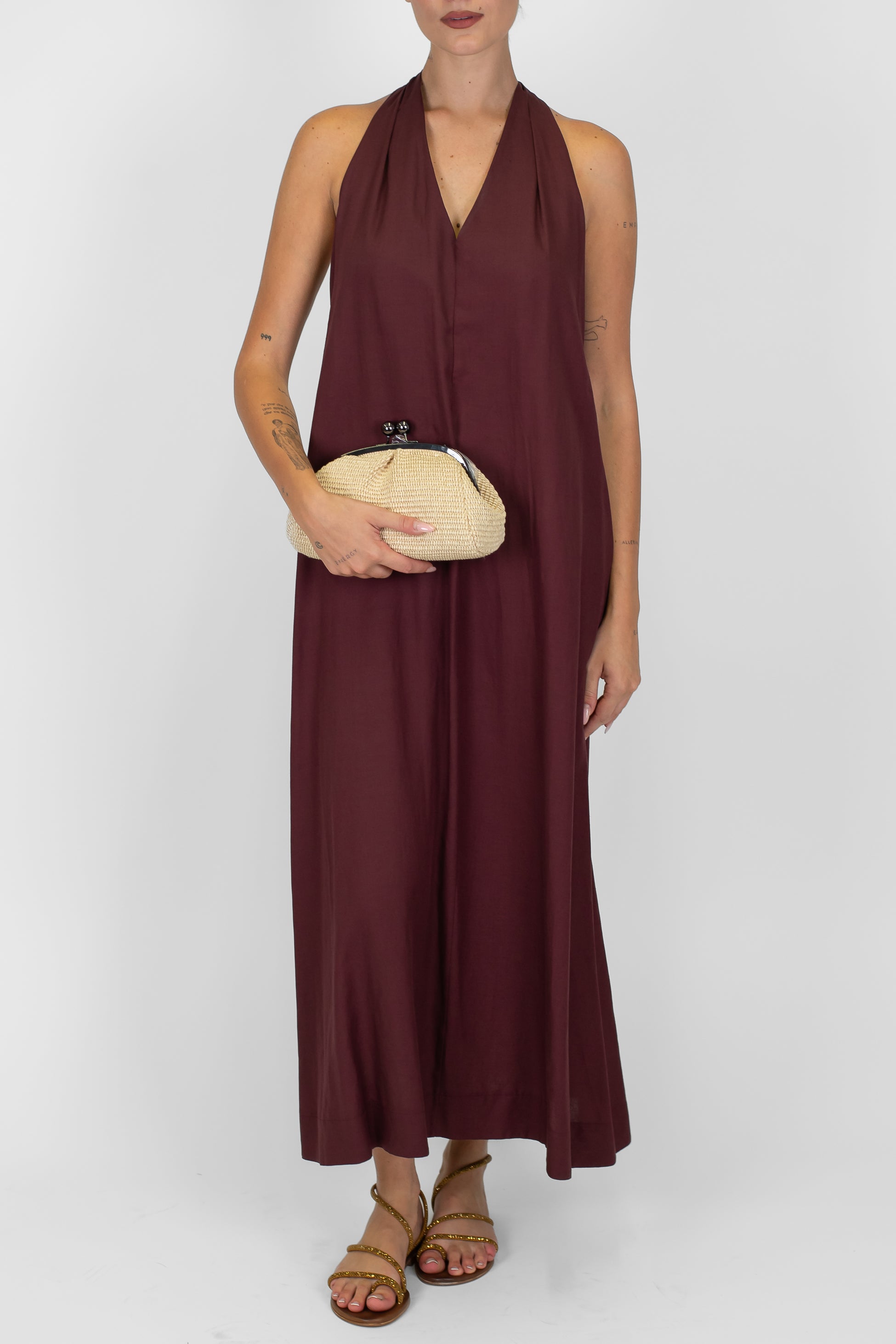 Dixie - Abito lungo giromaniche scollo a V in misto viscosa e lino con scollo sul retro intrecciato