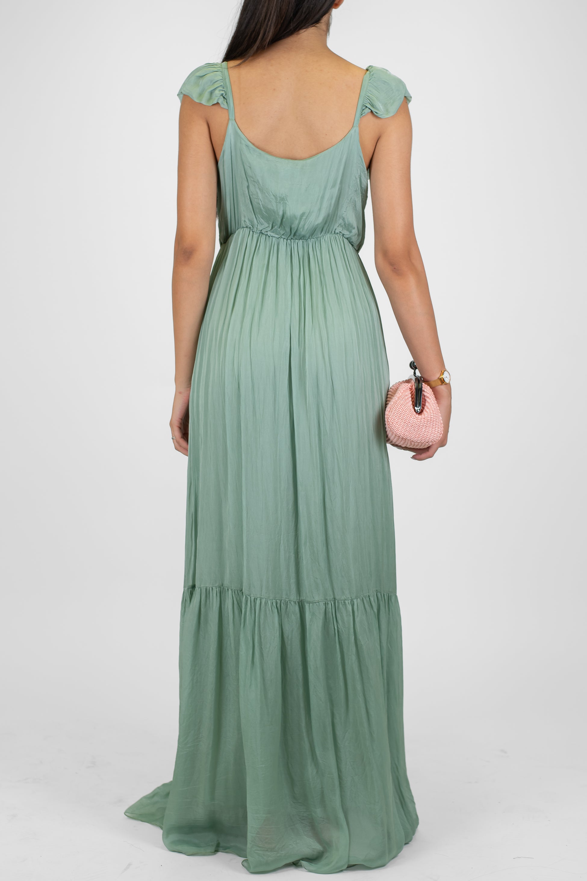 Dixie - Abito lungo in misto seta con scollo a V e rouches