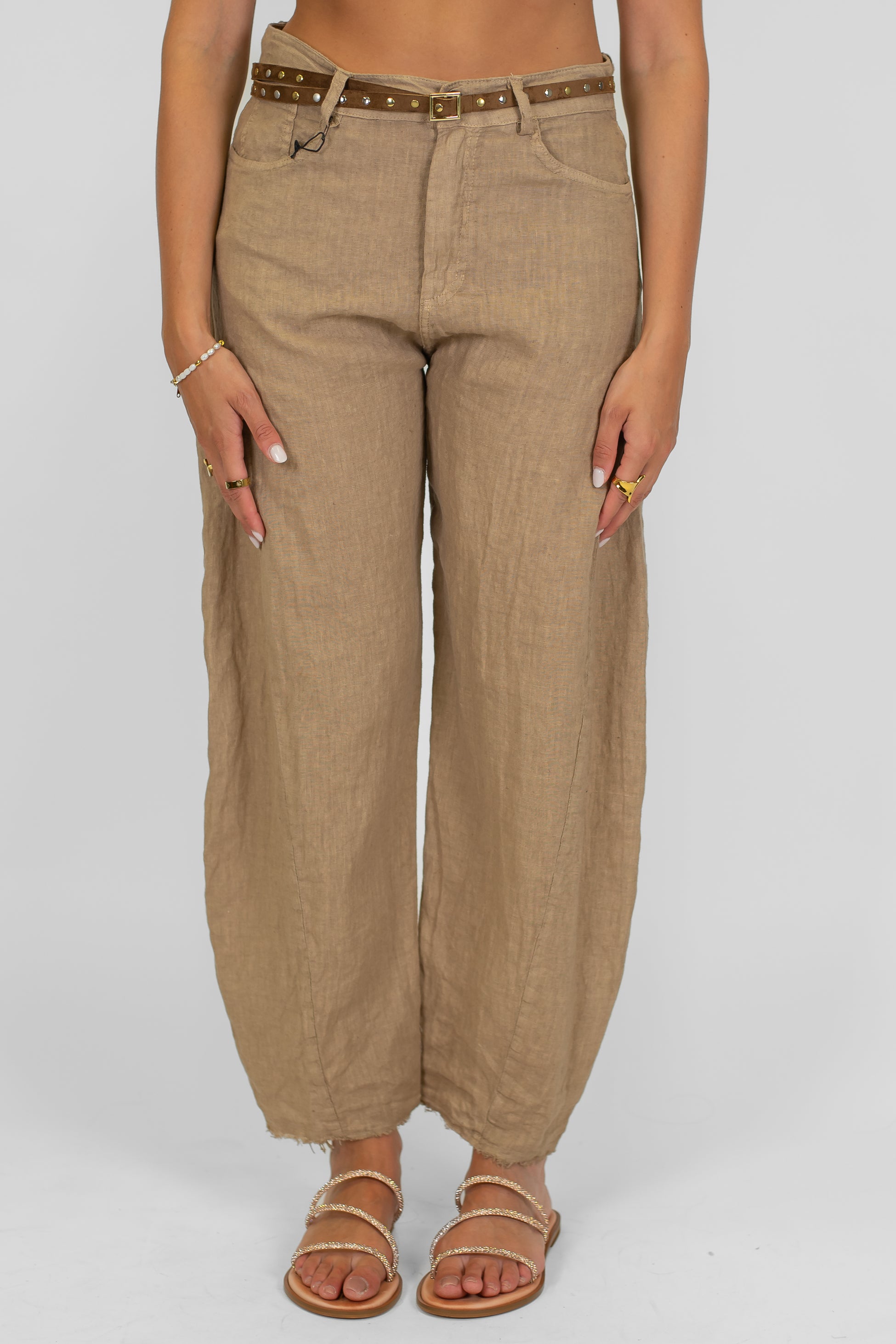 Tensione in - Pantalone balloon 100% lino sfrangiato sotto