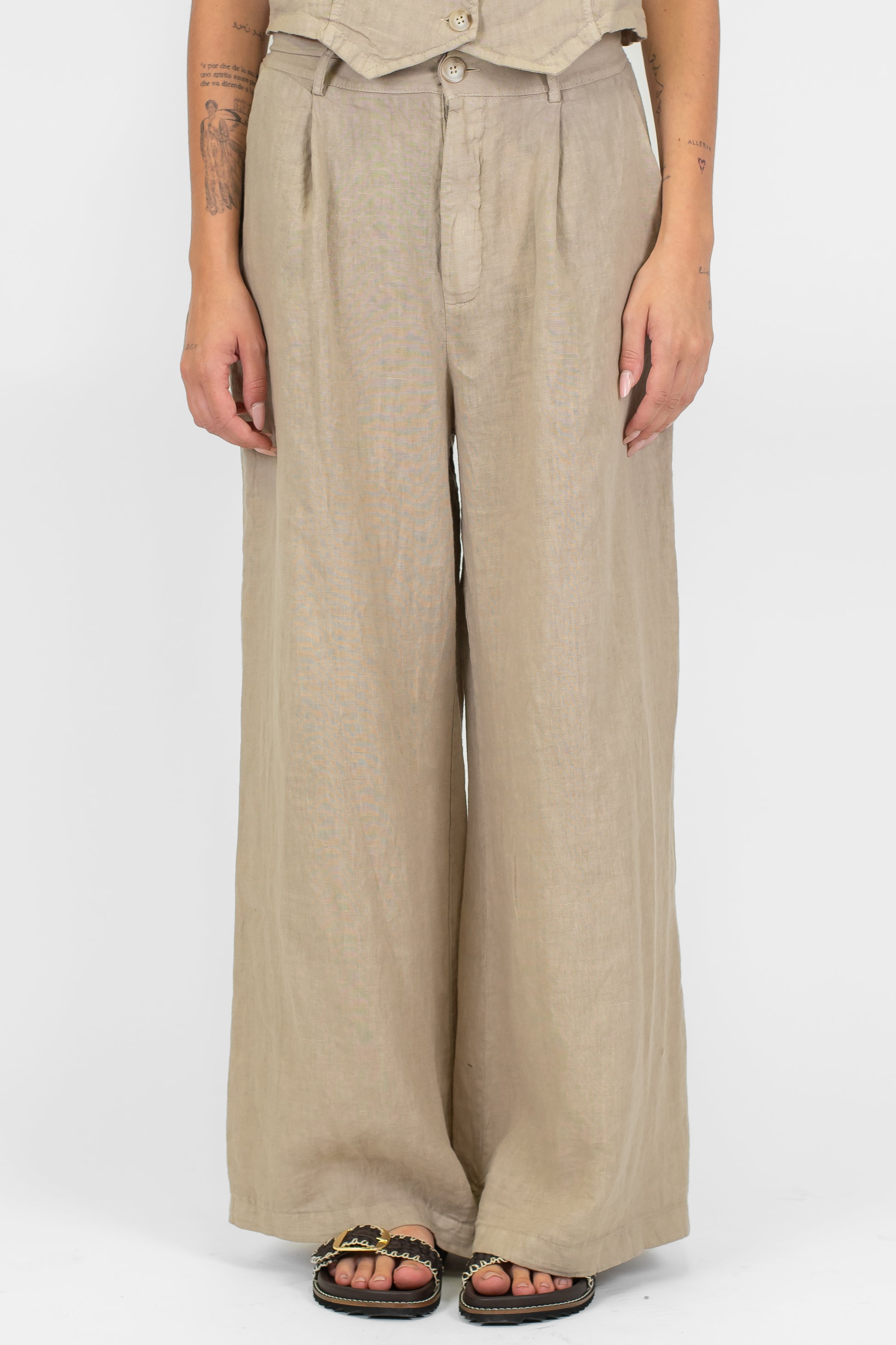 Haveone - Pantalone palazzo in puro lino con pinces ed elastico sul retro