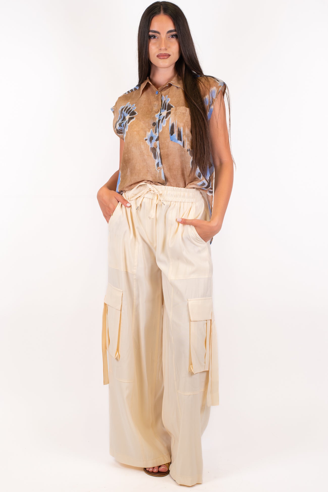 Tensione in - Pantalone palazzo cargo in viscosa leggera con coulisse