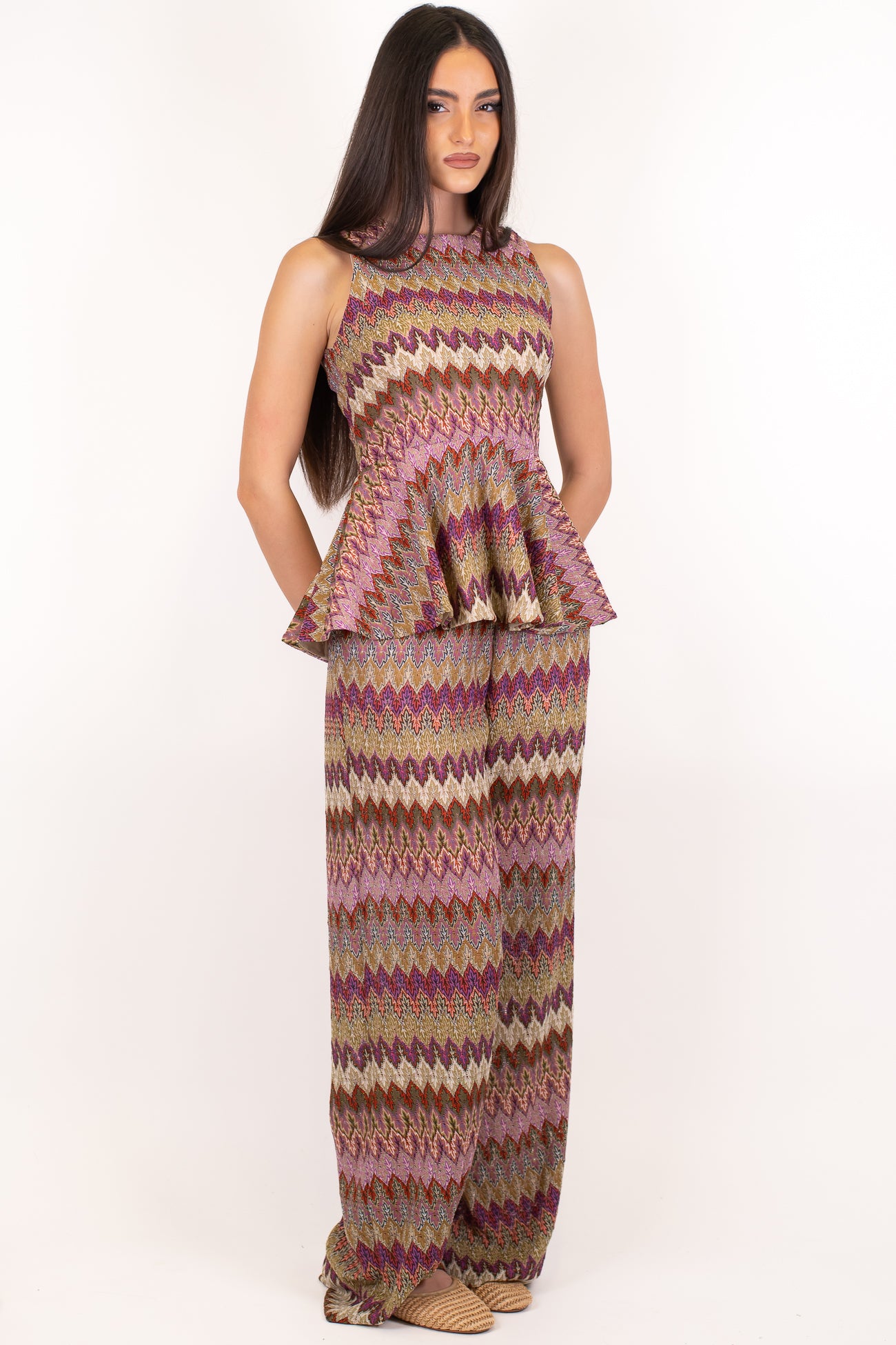 Tensione in - Pantalone palazzo fantasia zig zag con elastico in vita