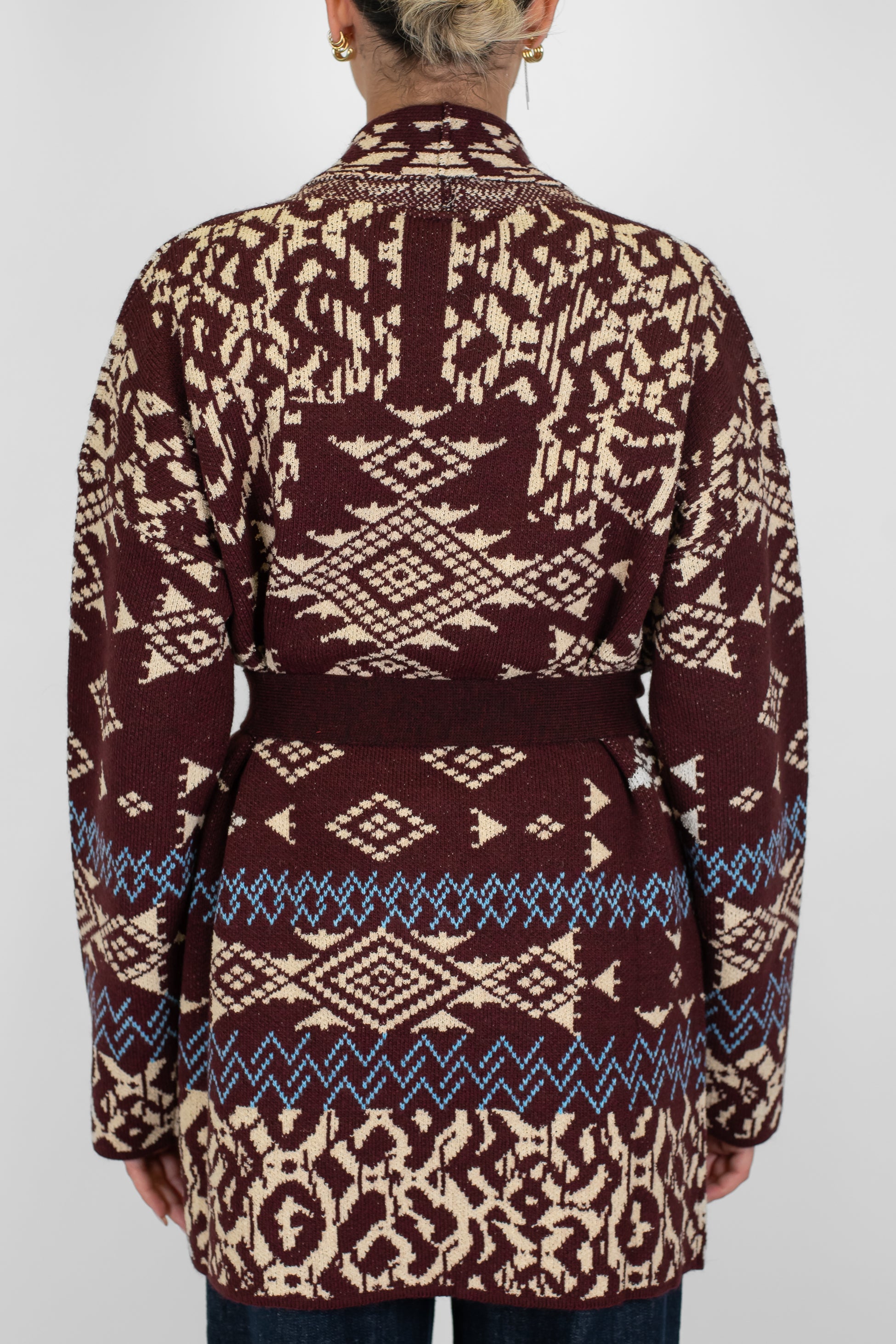 Tensione in - Cardigan fantasia astratta in misto lana con cintura in tessuto