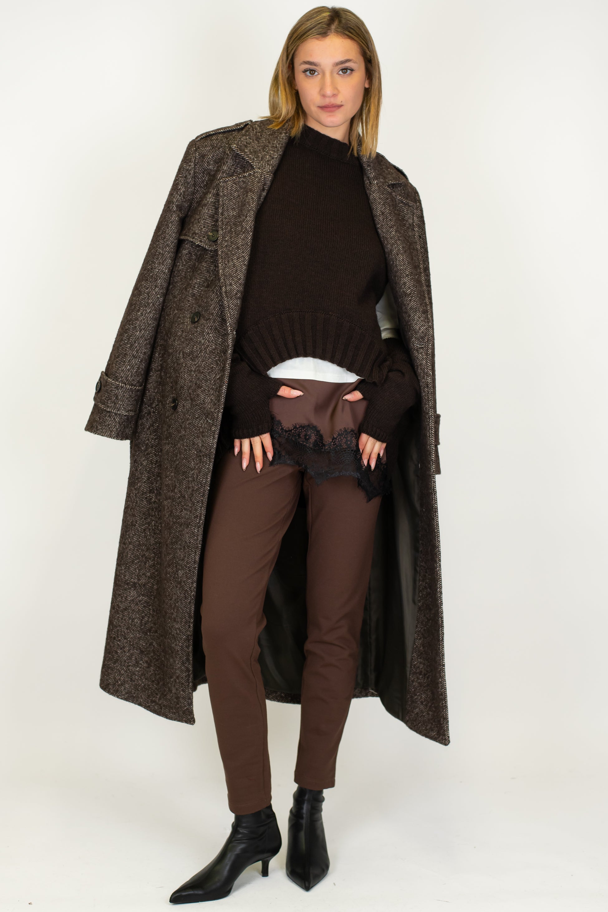 Tensione in - Cappotto lungo doppipetto fantasia spinata in misto lana con cintura in tessuto