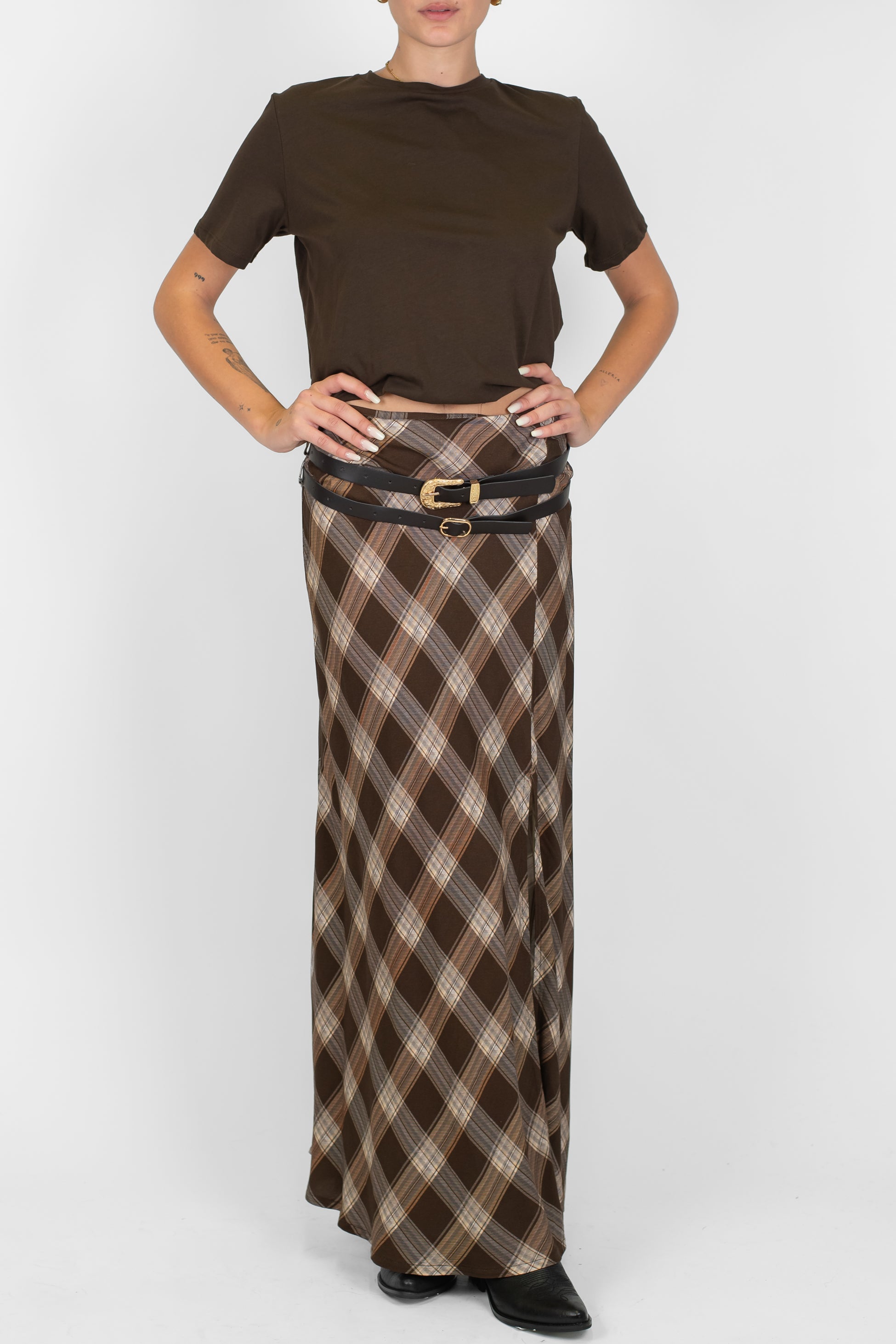 Haveone - Gonna fantasia quadri con spacco laterale e doppia cintura al passante