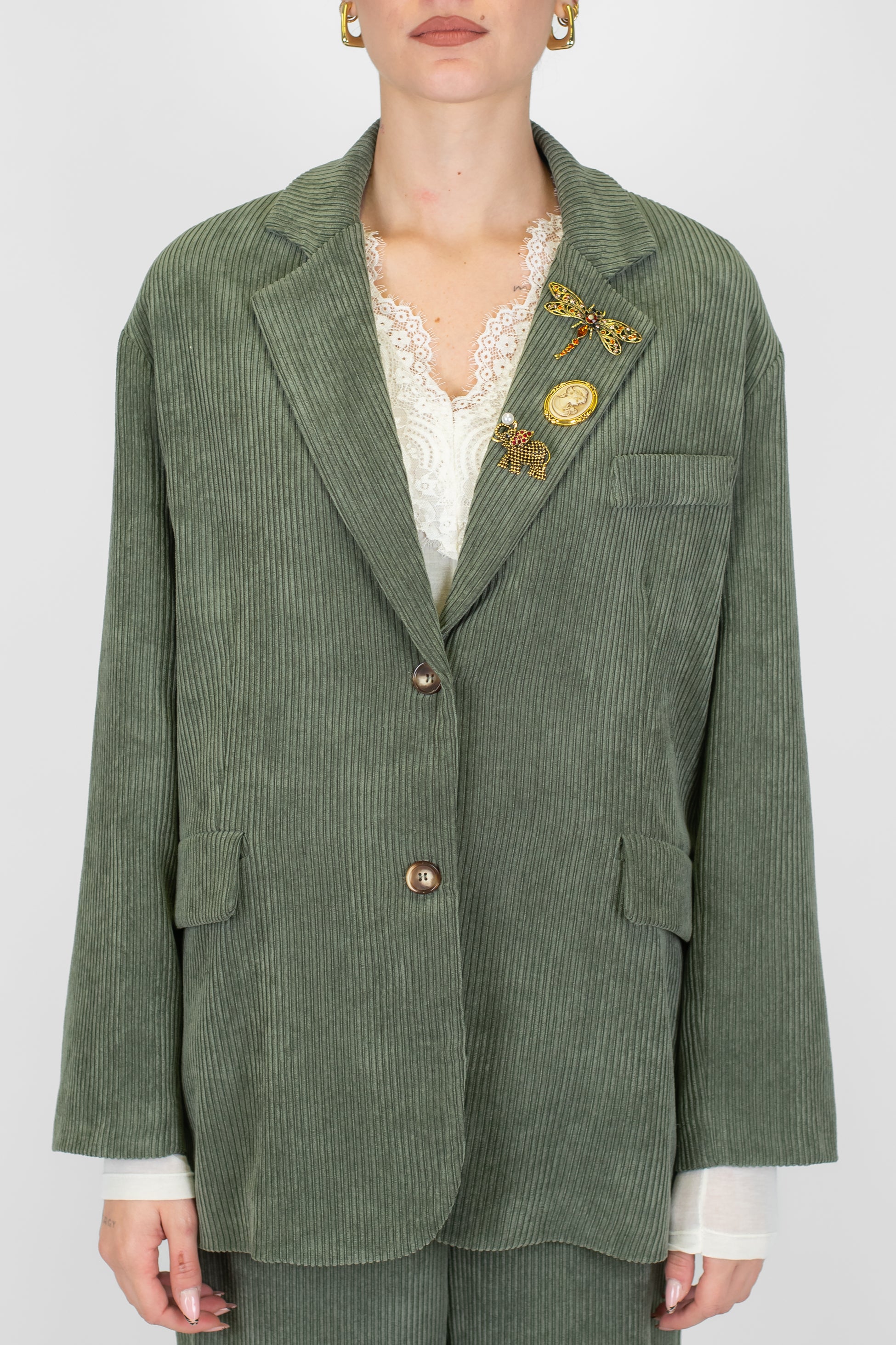 Haveone - Giacca monopetto in velluto a coste con spille gioiello