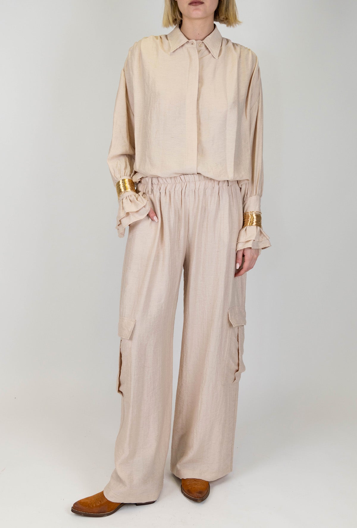 Haveone - Pantalone cargo palazzo in misto lino con elastico in vita