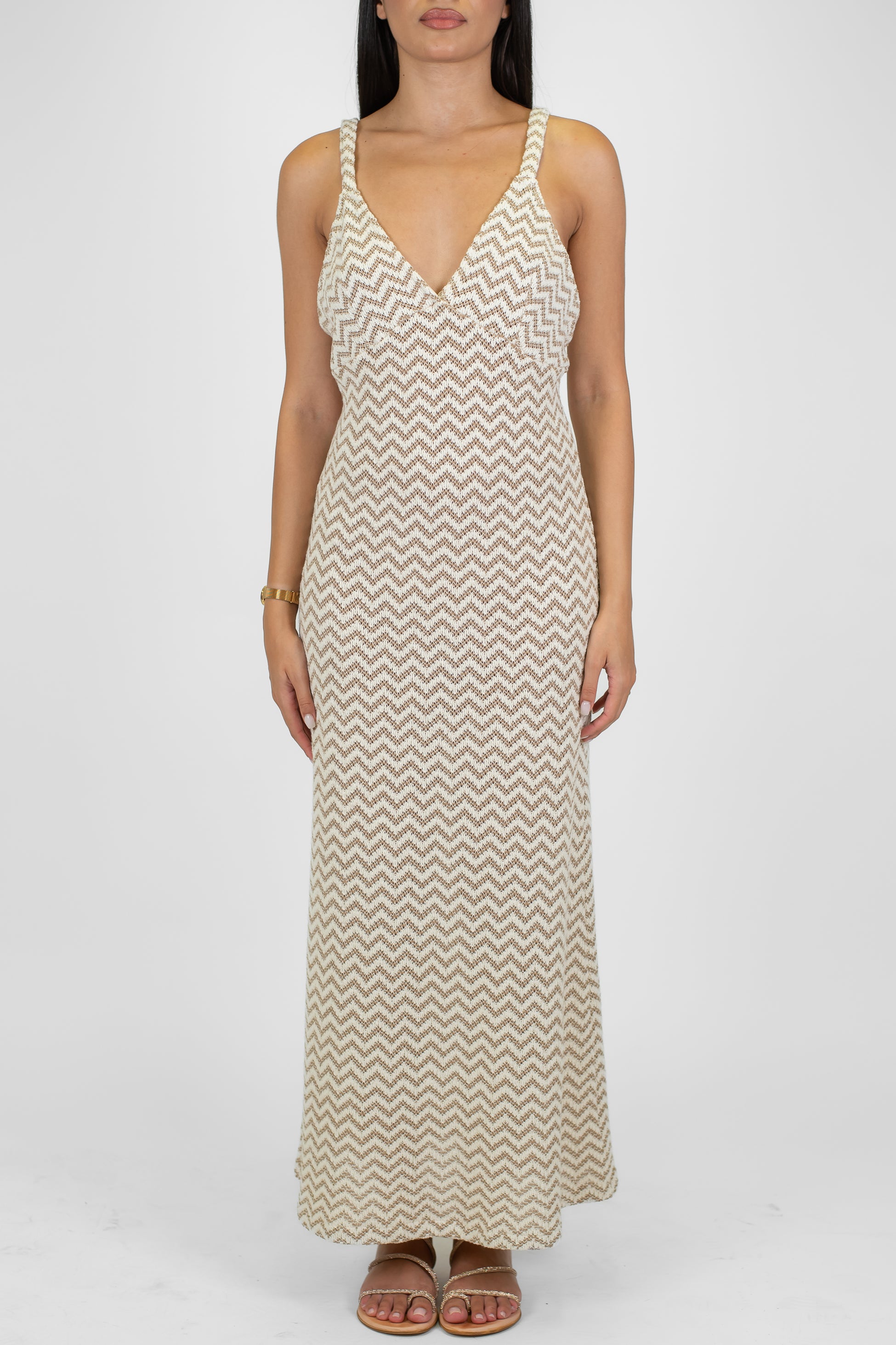 Tensione in - Abito lungo ricamato fantasia zig zag con bretelle