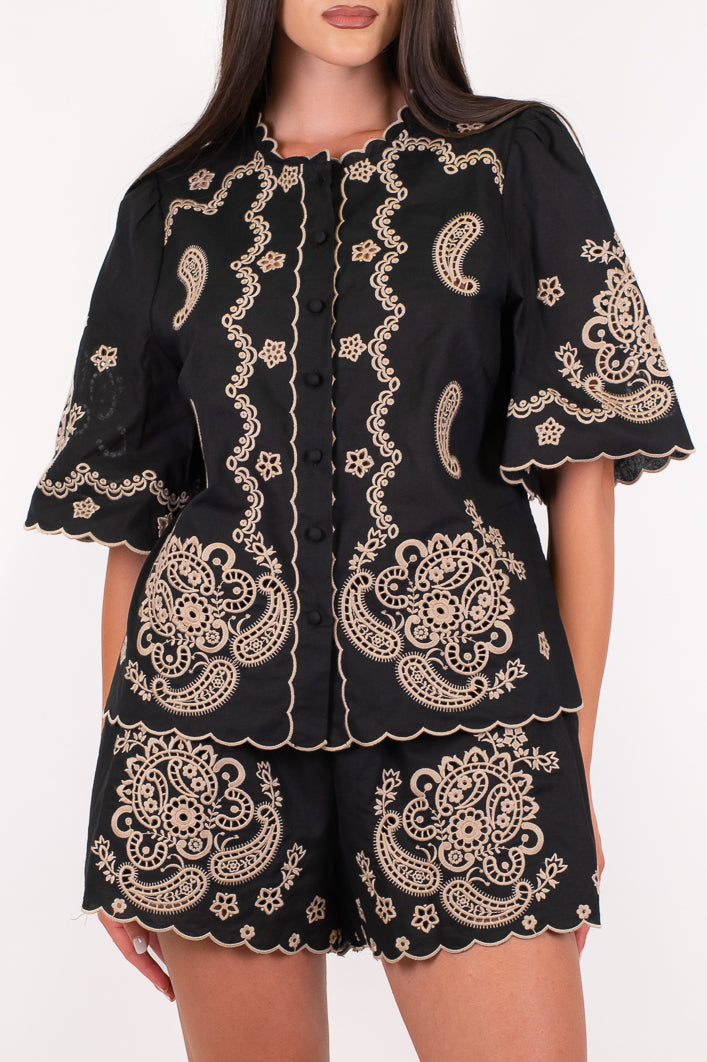 Dixie - Camicia mezzamanica in cotone con ricami