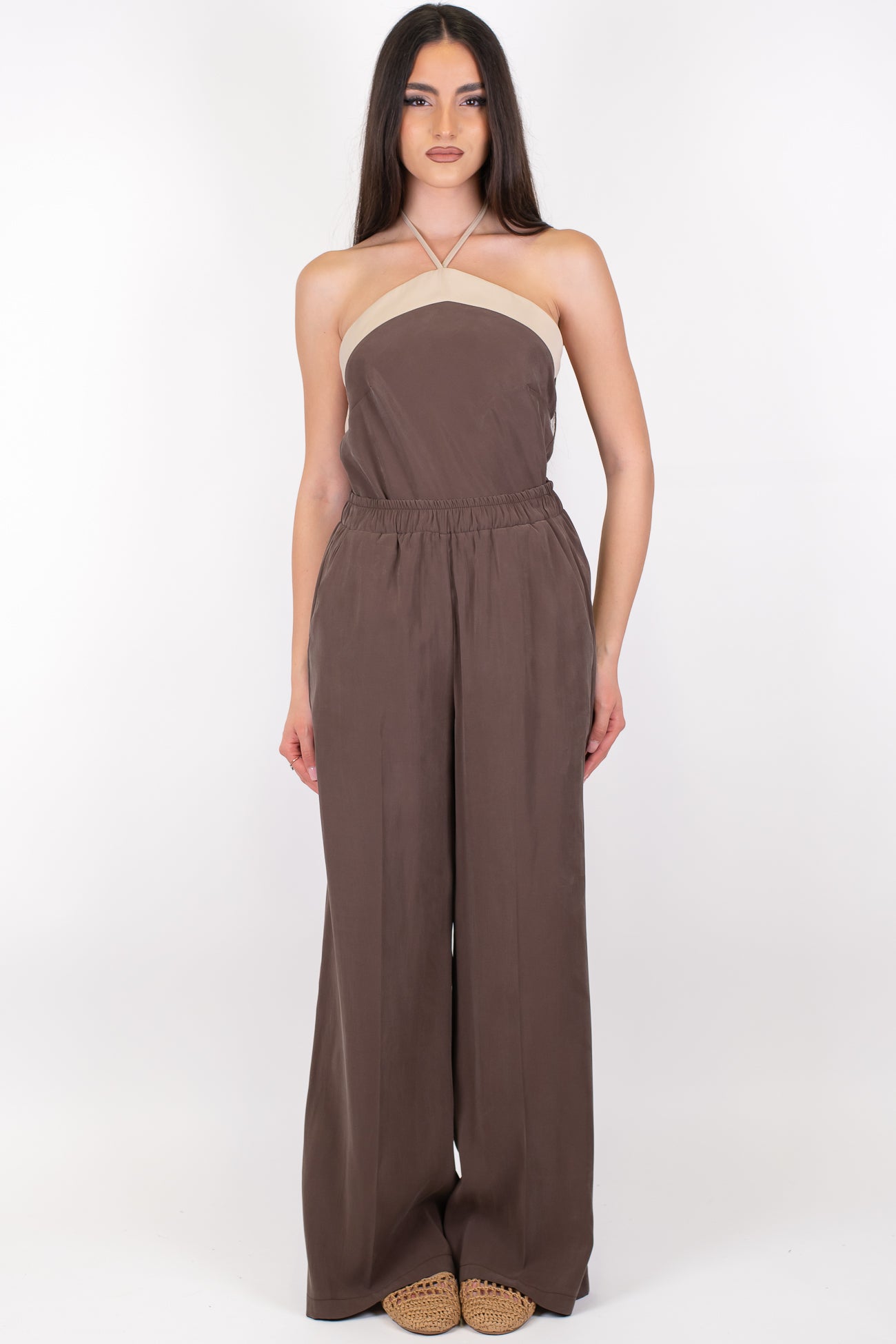 Maryley - Coordinato top scollo americano con profilo a contrasto e pantalone palazzo con elastico in vita