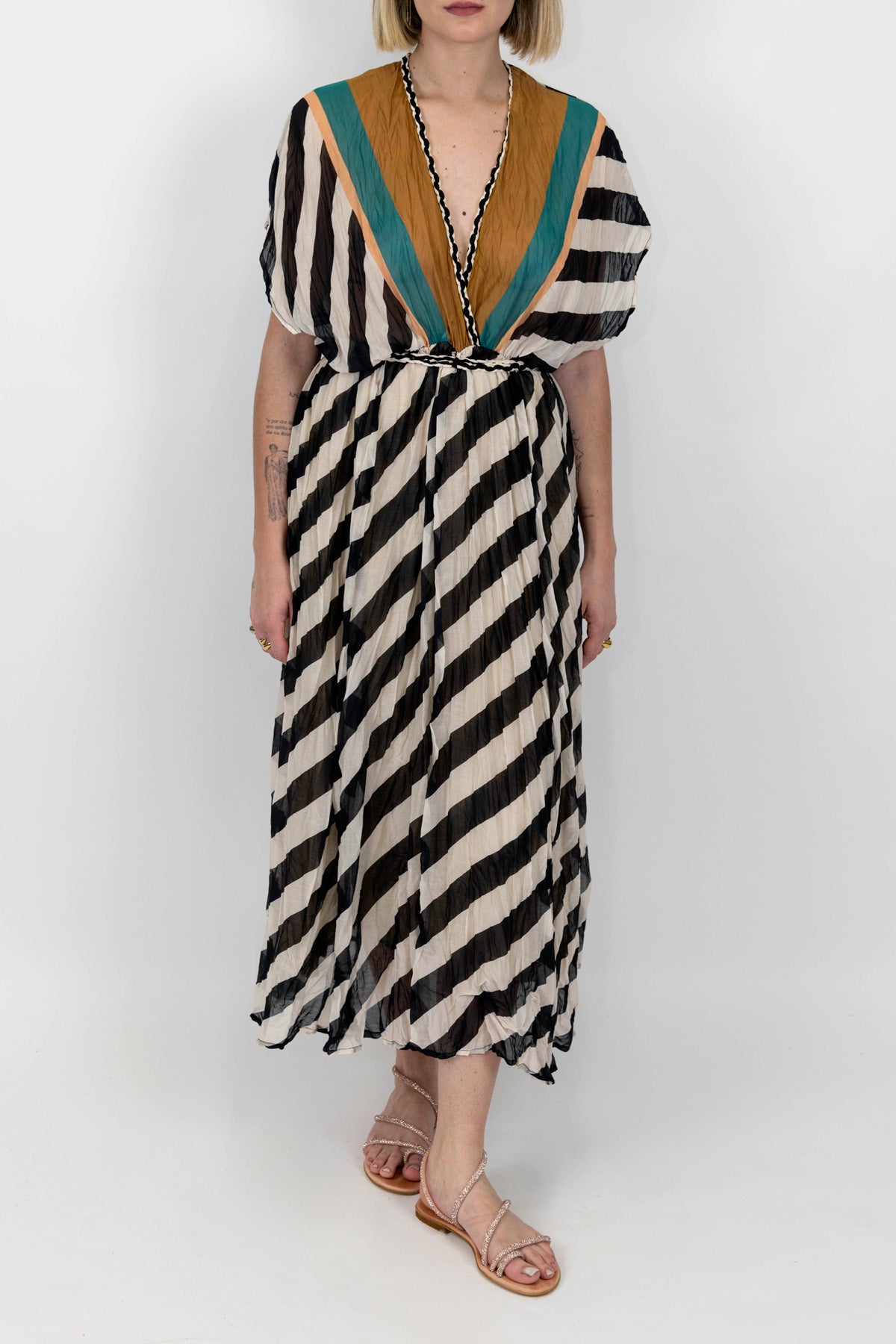 Dixie - Abito lungo fantasia righe a contrasto in misto seta