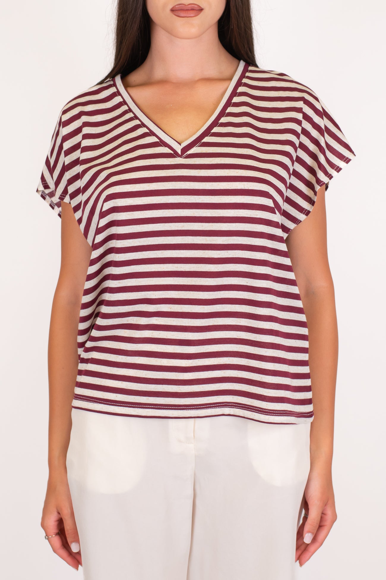 Dixie - T-shirt fantasia a righe in misto lino con scollo a V