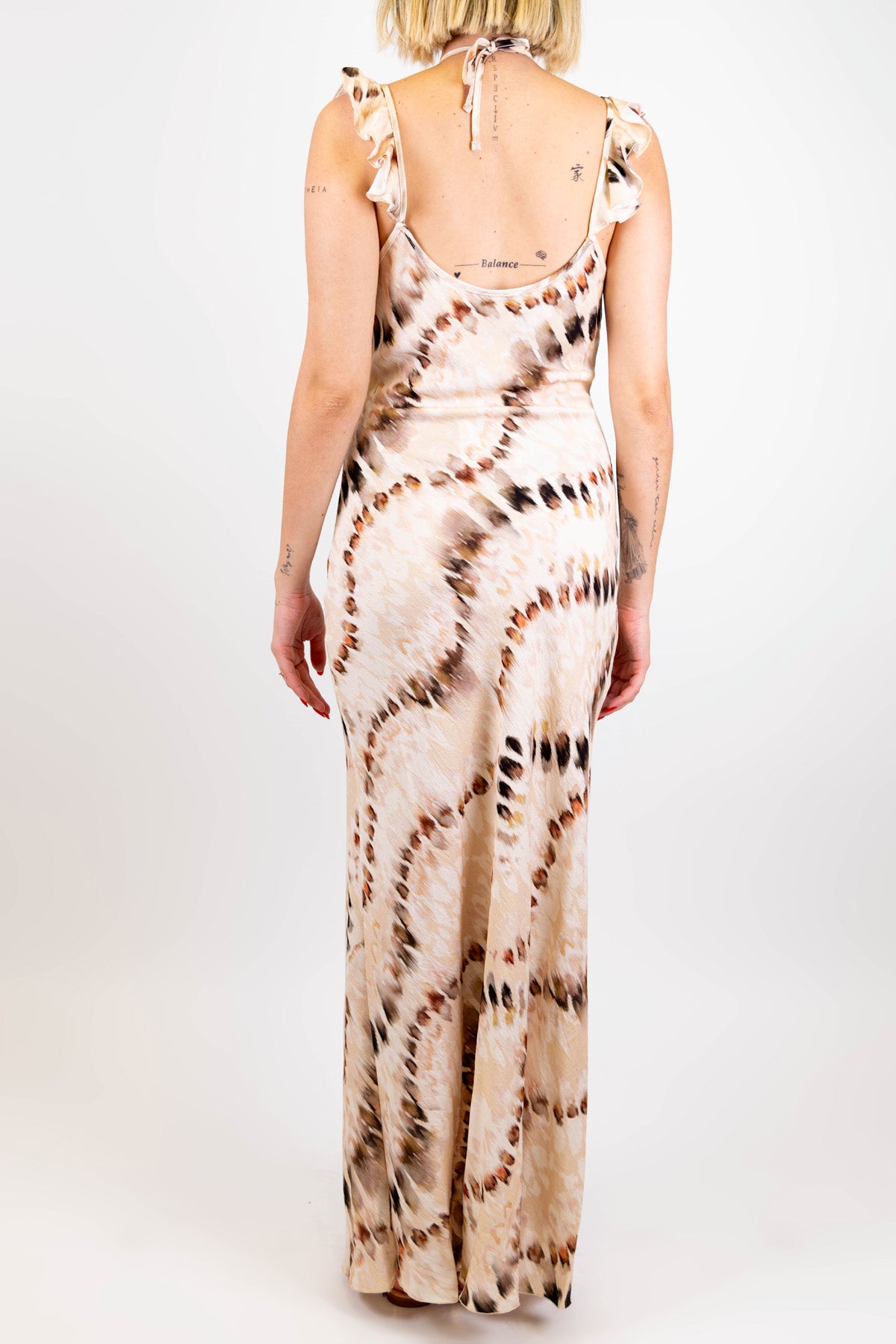 Haveone - Abito lungo giromaniche fantasia astratta con scollo a V e laccio