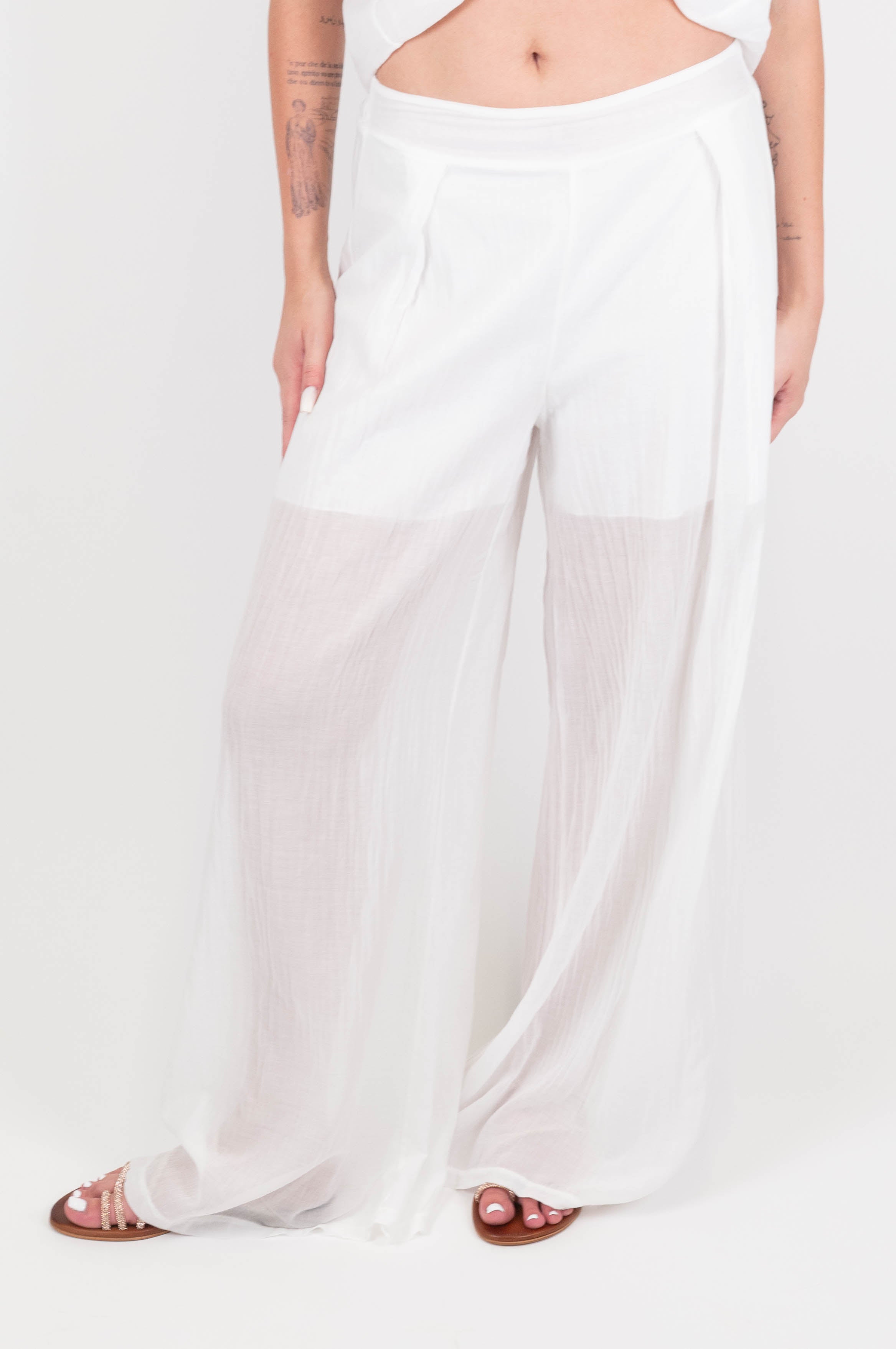 Maryley - Pantalone palazzo in mussola di cotone con fodera interna ed elastico in vita