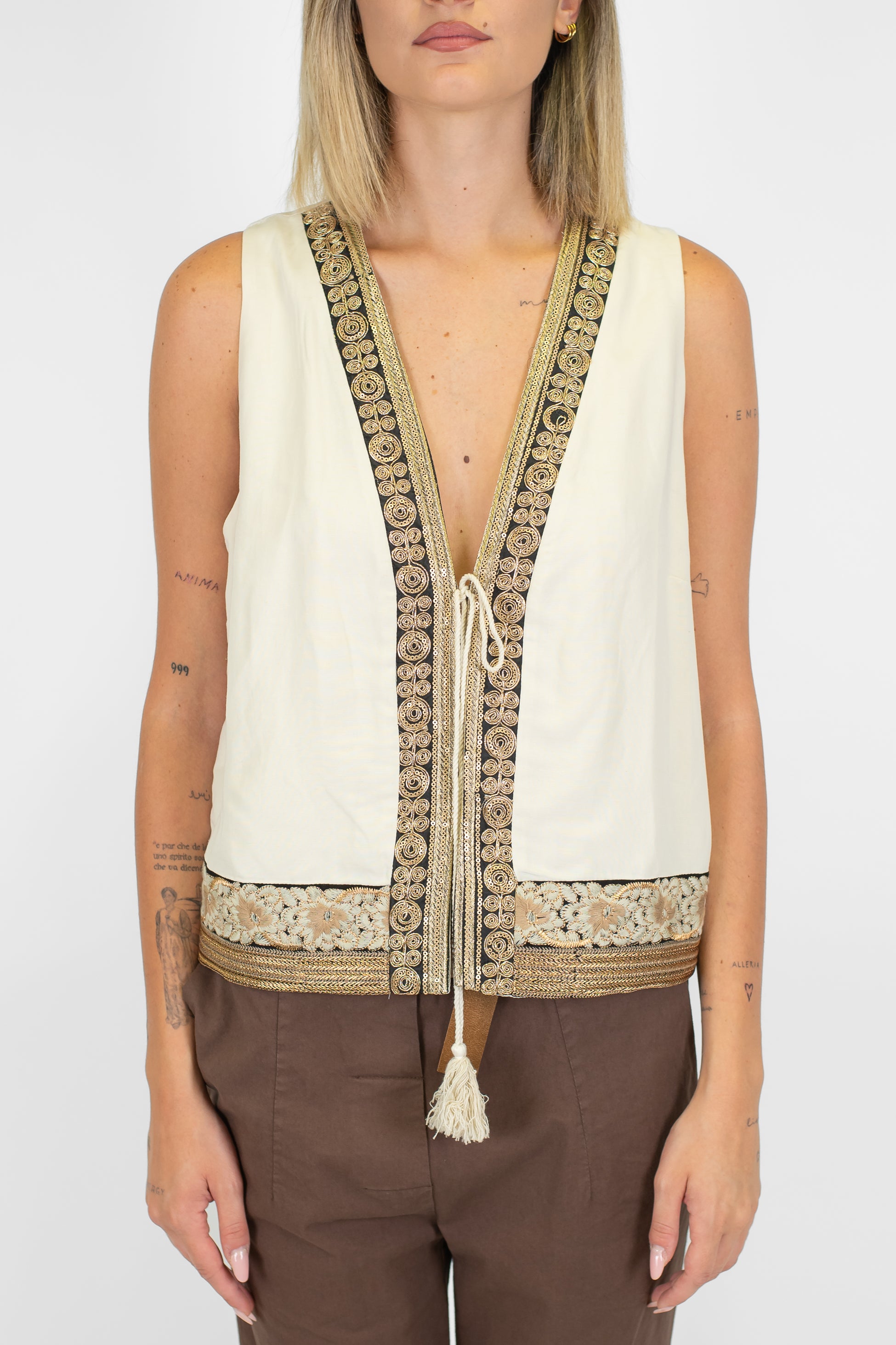 Motel - Gilet in misto lino con profilo tramato e chiusura con lacci