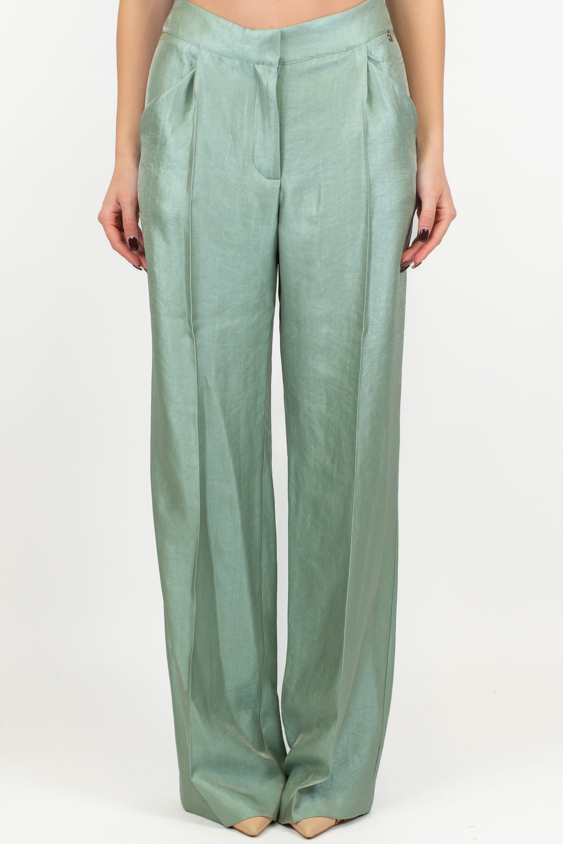 Dixie - Pantalone palazzo effetto laminato con pinces ed elastico sul retro