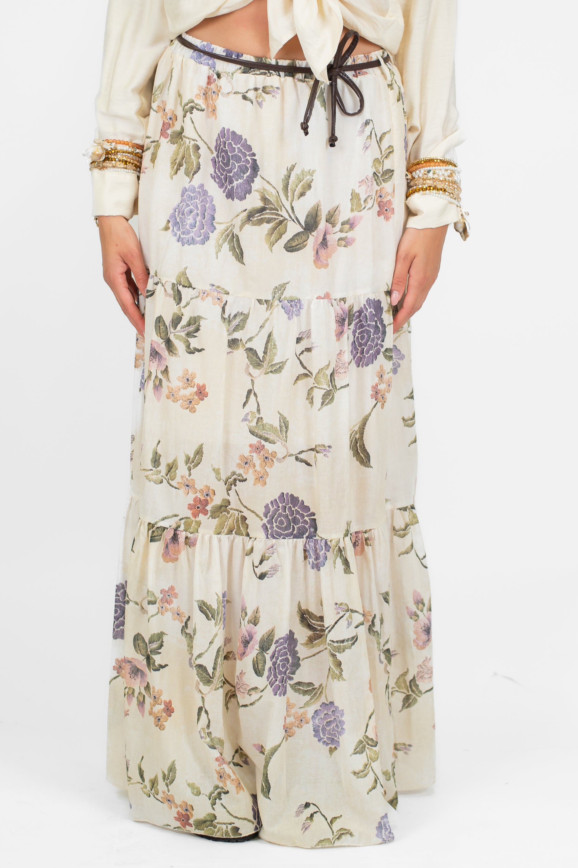 Tensione in - Gonna fantasia floreale con balze in mussola di cotone