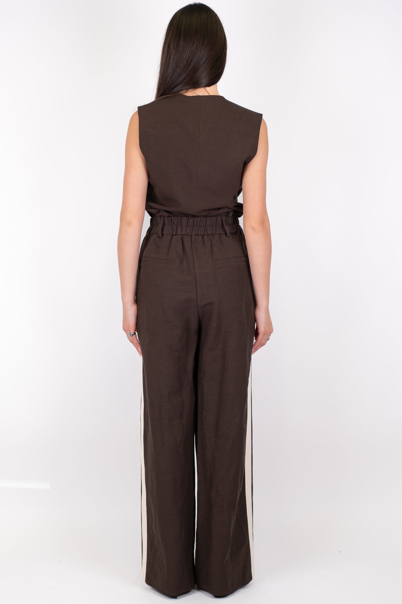 Motel - Coordinato gilet e pantalone palazzo in misto lino con elastico sul retro e banda laterale a contrasto