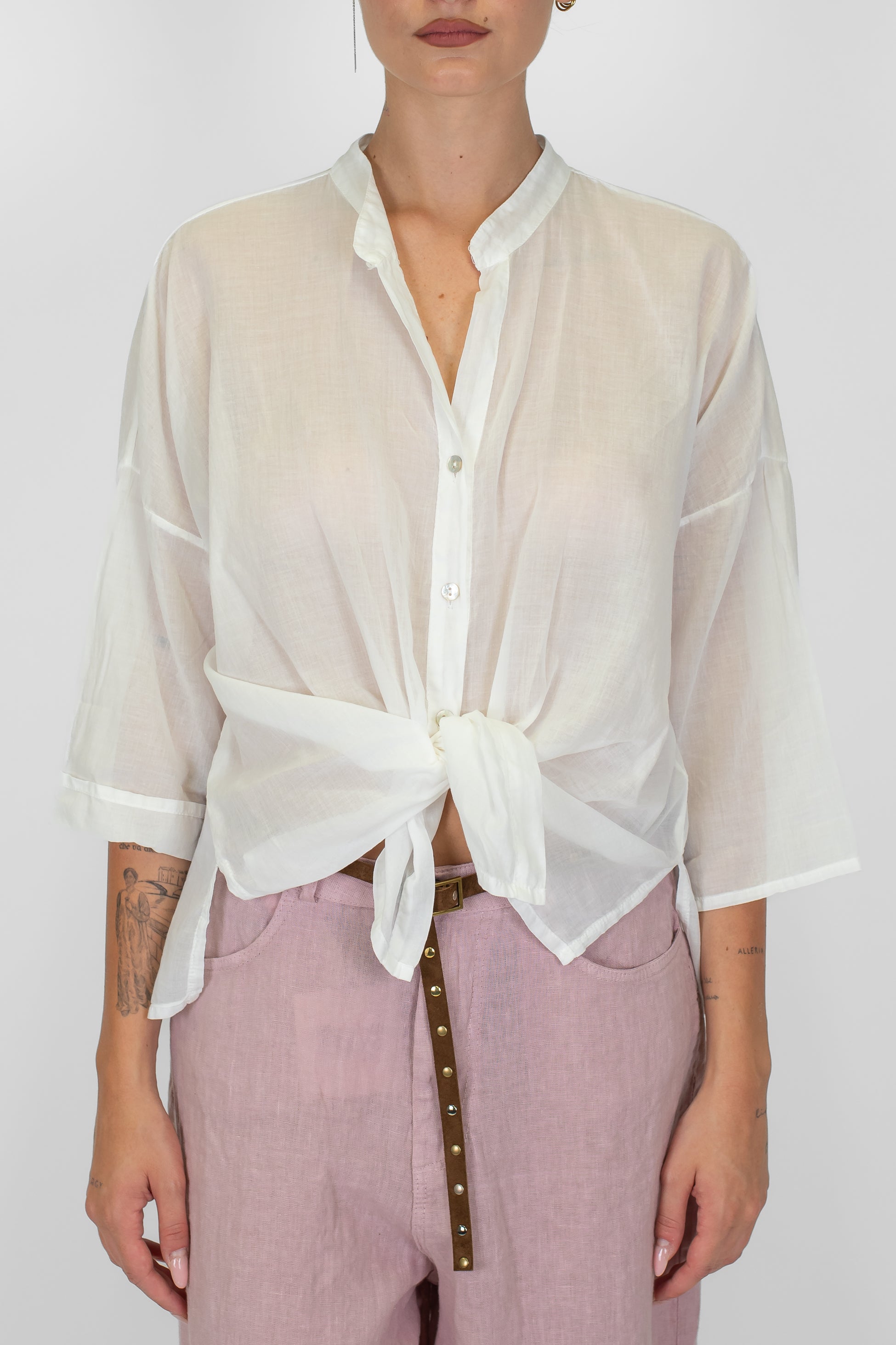 Haveone - Camicia in mussola di cotone con collo coreano e manica tre quarti