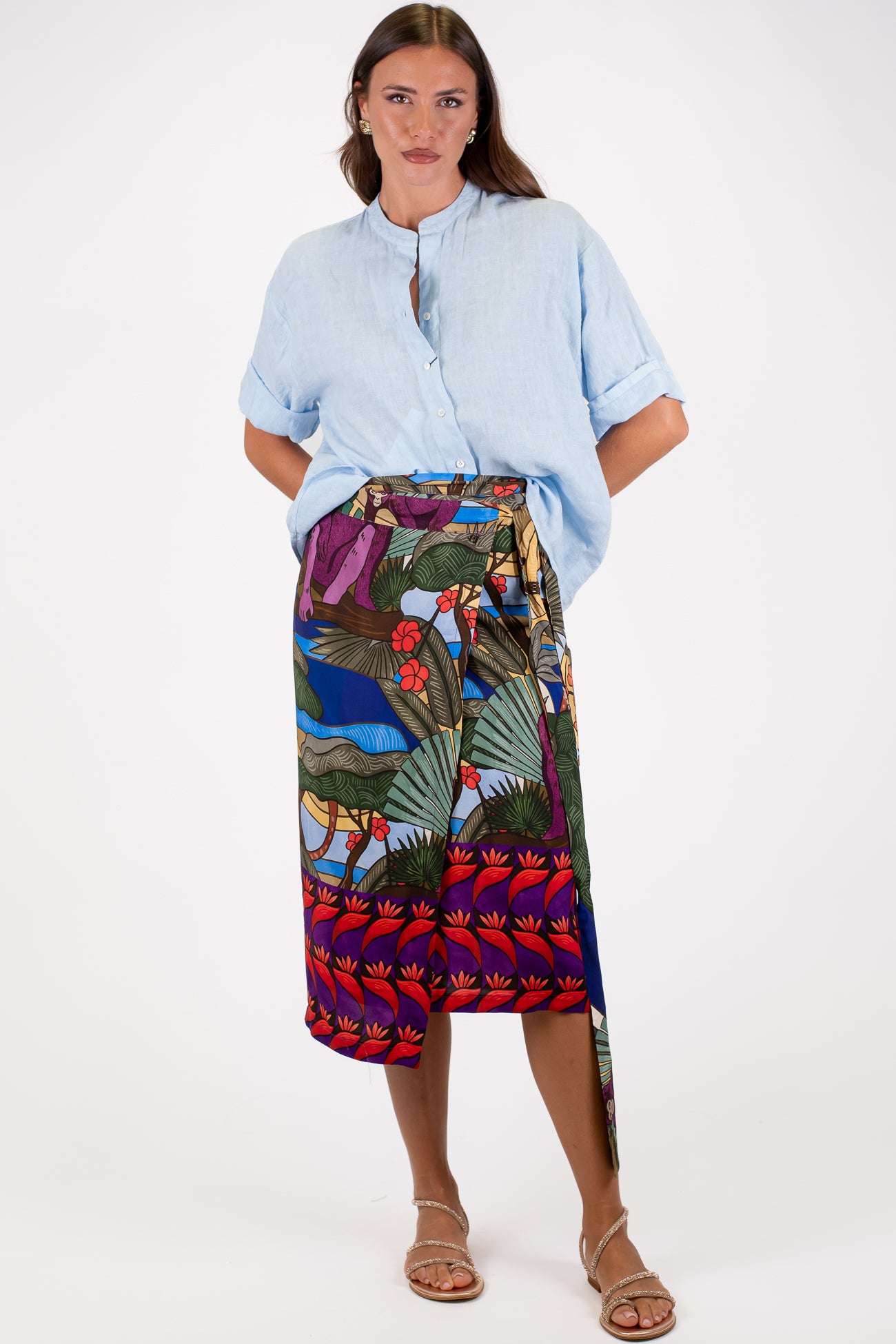 Dixie - Gonna pareo midi fantasia tropicale astratta in viscosa leggera