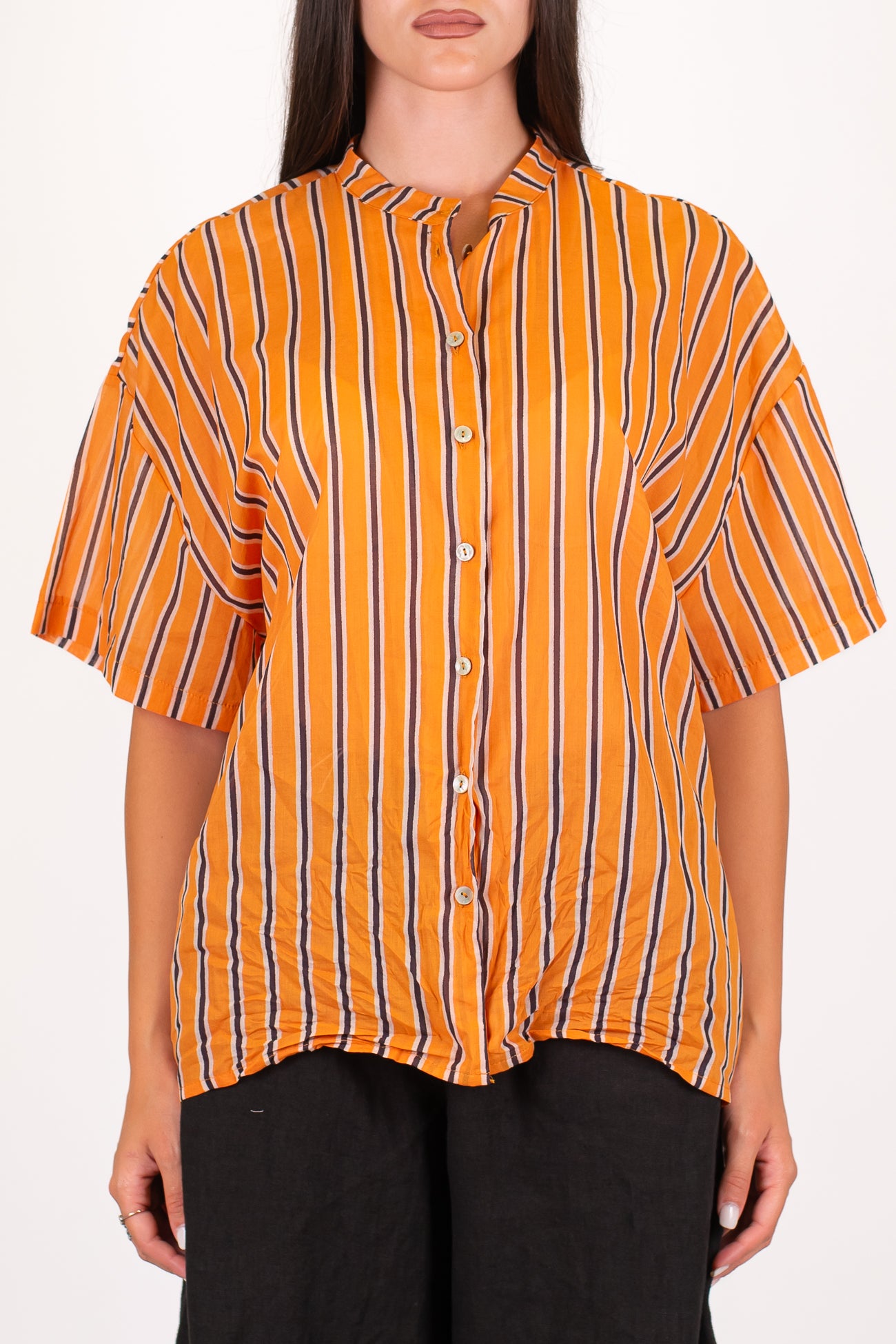 Motel - Camicia mezzemaniche fantasia a righe con collo coreano