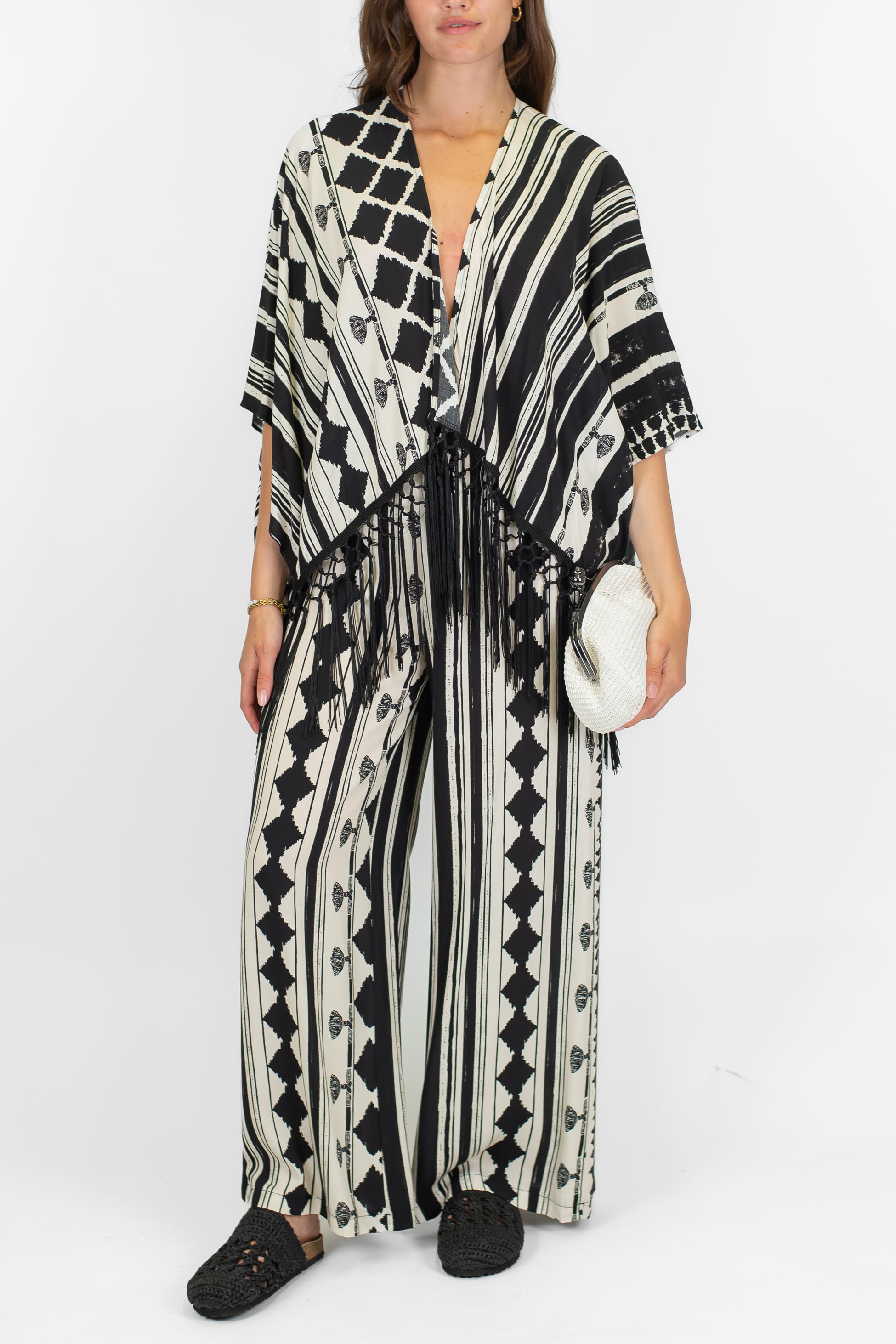 Haveone - Pantalone palazzo fantasia astratta in viscosa con elastico in vita